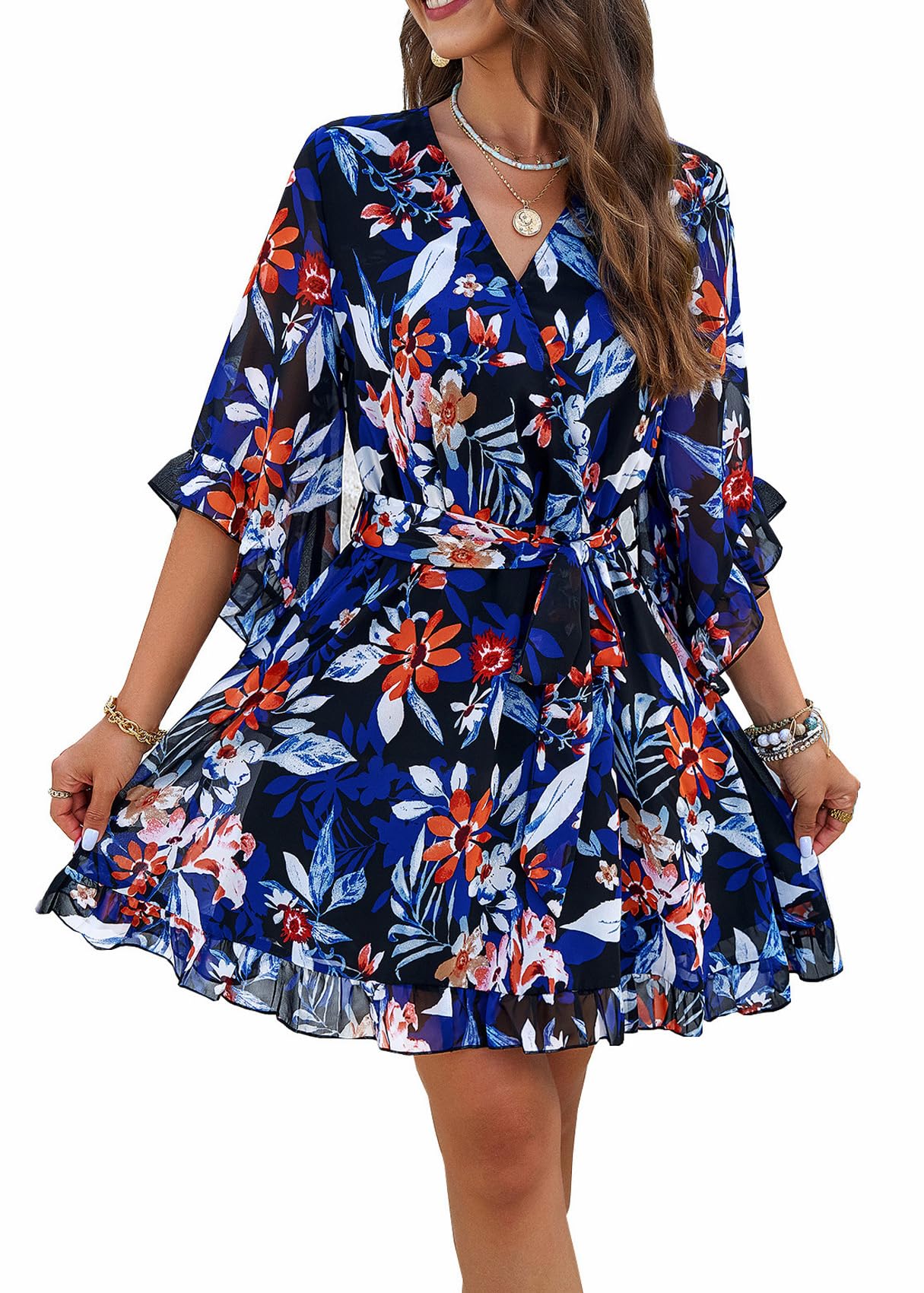 LAZIRO Abiti da Donna Primavera-Estate con Scollo A V E Manica Corta Svasata per Pendolari, Eleganti Abiti Stampati con Cravatta