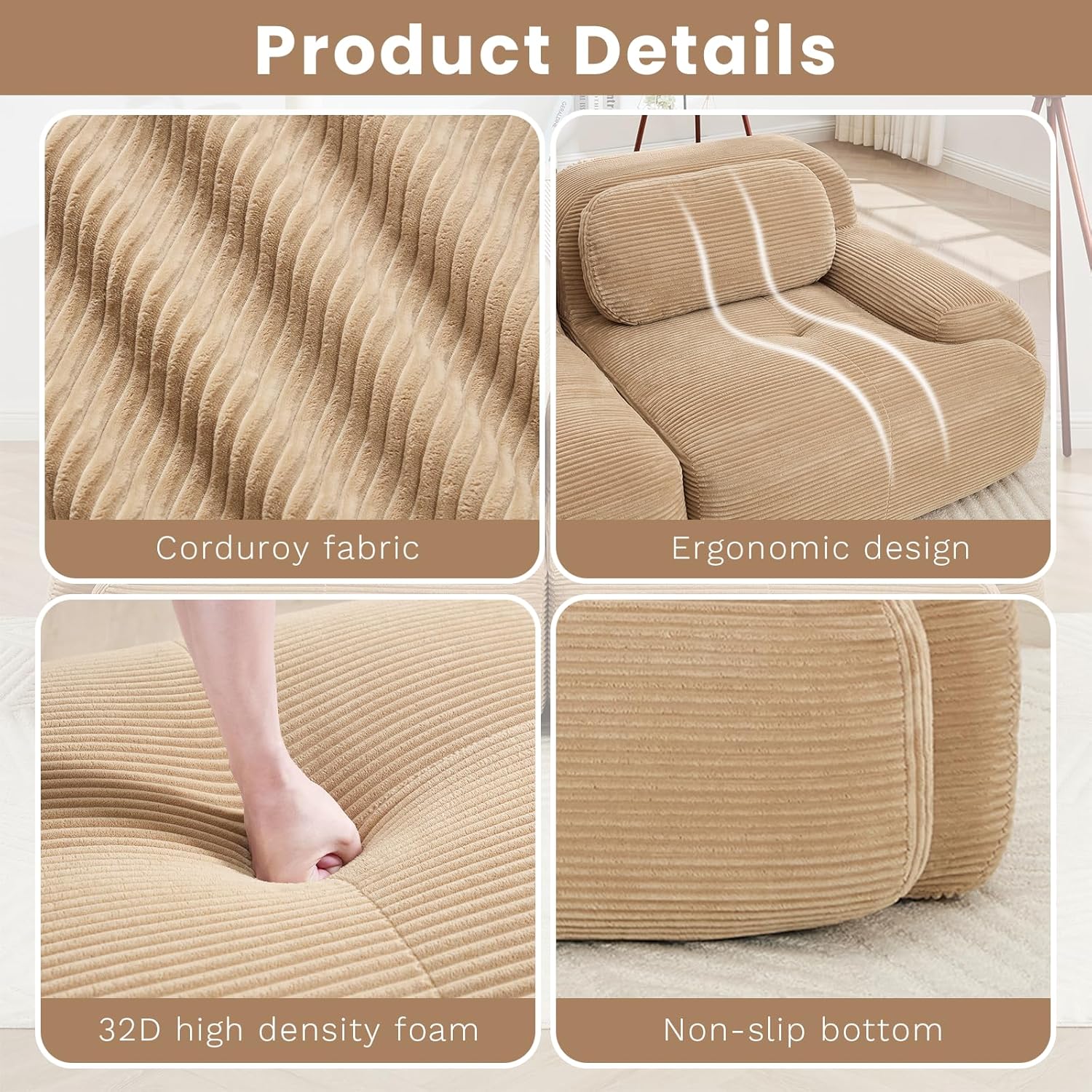 82" Modern Memory Foam Compressed Sofa,2 Seater Large Sectional Couches for Living Room,Pet-Friendly Cloud Modular Sectional Sofa,Corduroy Fabric,Extra Deep Loveseat,No Assembly(Camel)
