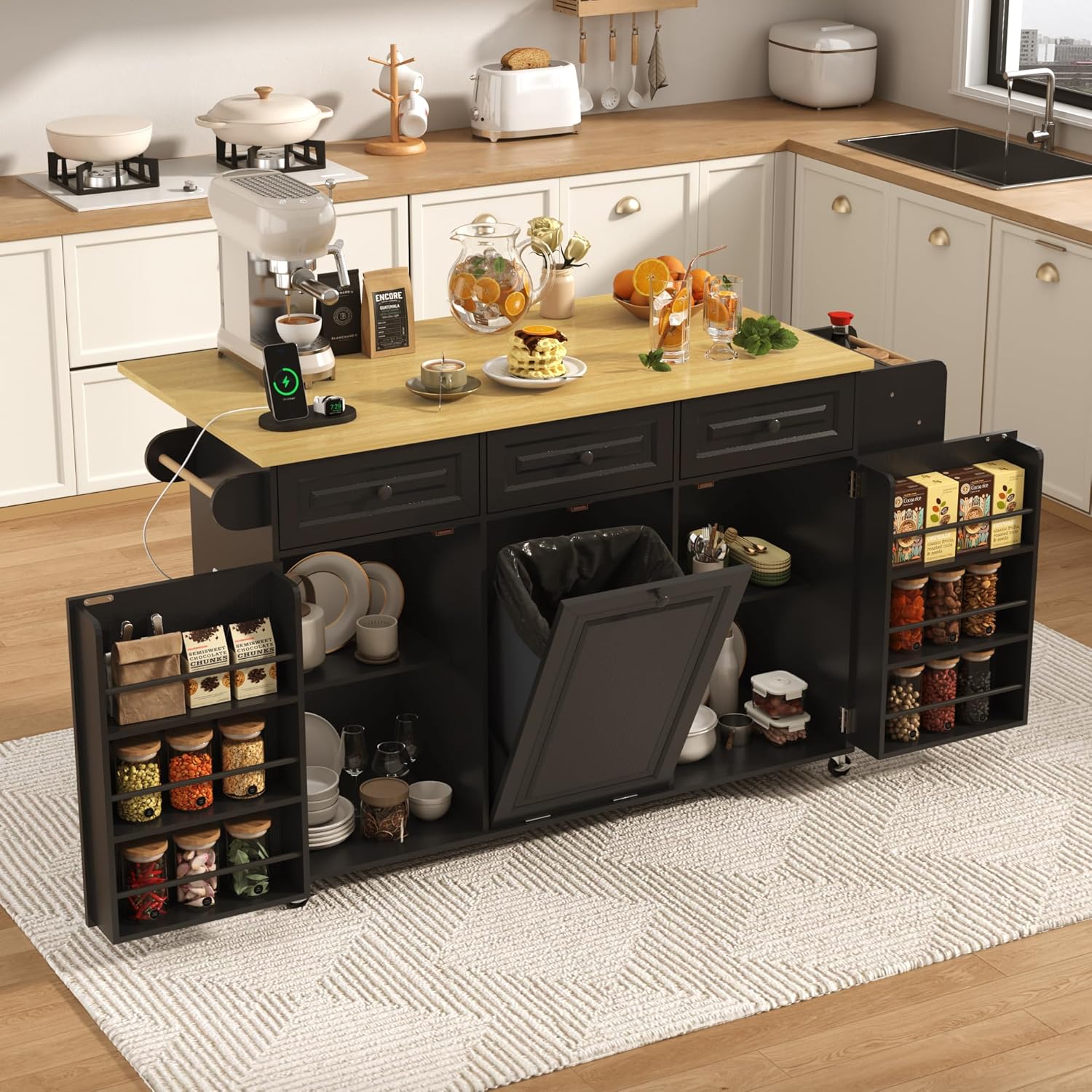 St.Mandyu 62 inch Rolling Kitchen Island with Power Outlet, Drop Leaf & Storage Cabinet - Mobile Cart with Hidden Trash Cabinet, Spice Rack, Shelves, and Towel Holder for Small Spaces,Black