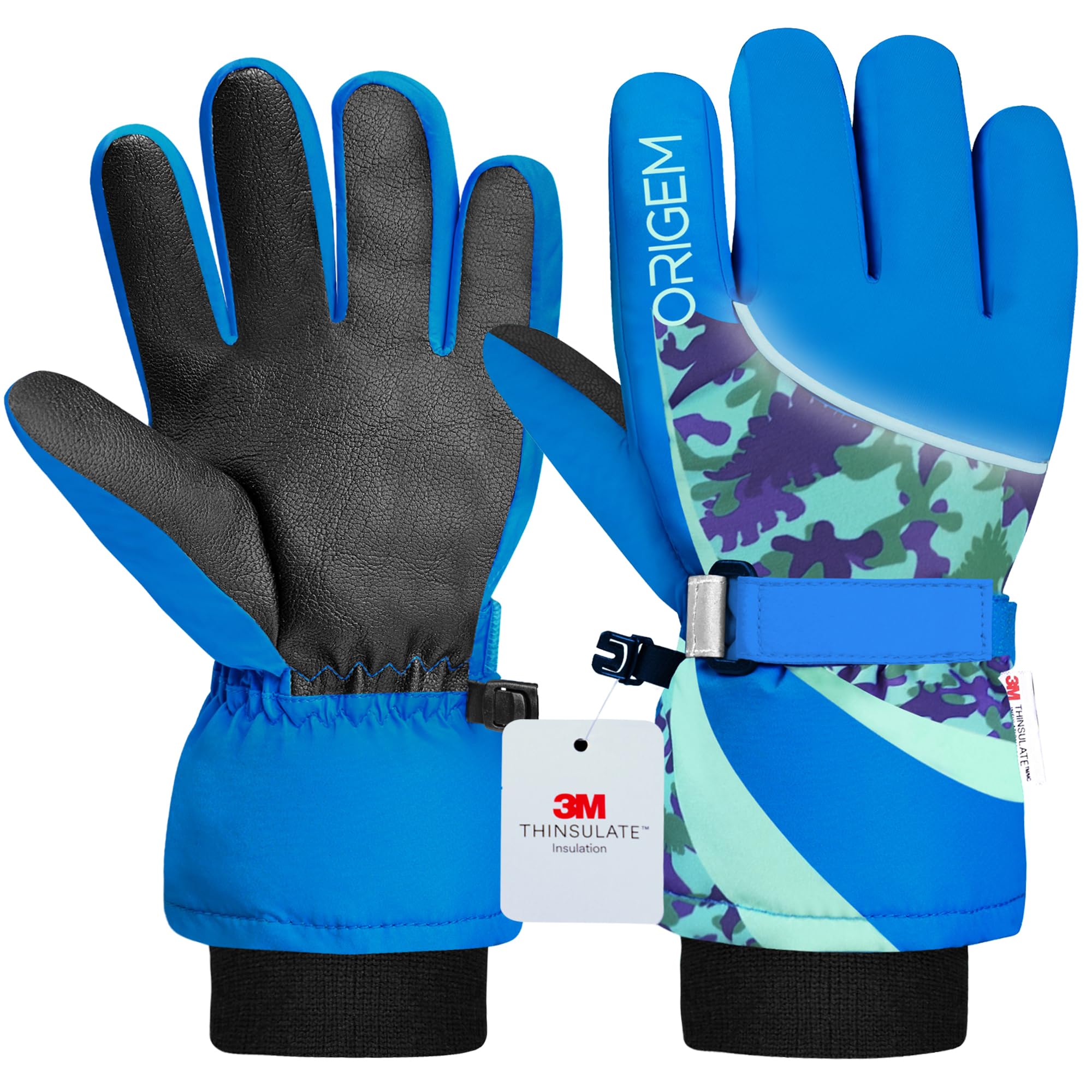 Origem Guanti Neve Invernali Bambino Bambina, 3M Thinsulate Impermeabili Guanti Sci Termici con Touchscreen a 5 Dita Riflettenti Antiscivolo per Bambini 4-14 anni Snowboard Sciare Calcio Bici