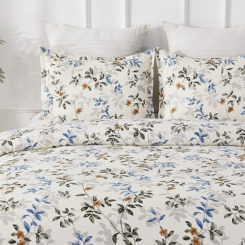 Miniatura 8 de Vaulia Funda de edredón floral de microfibra suave, tamaño Queen, estampado botánico de hojas azules, diseño reversible ligero y transpirable, juego