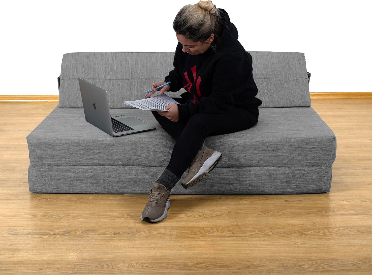 60" Fold Out Couch Bed, Sleeper Chair Futon, Washable Linen Cover, Comfort Optimized Back-Support Design (Queen, Grey)