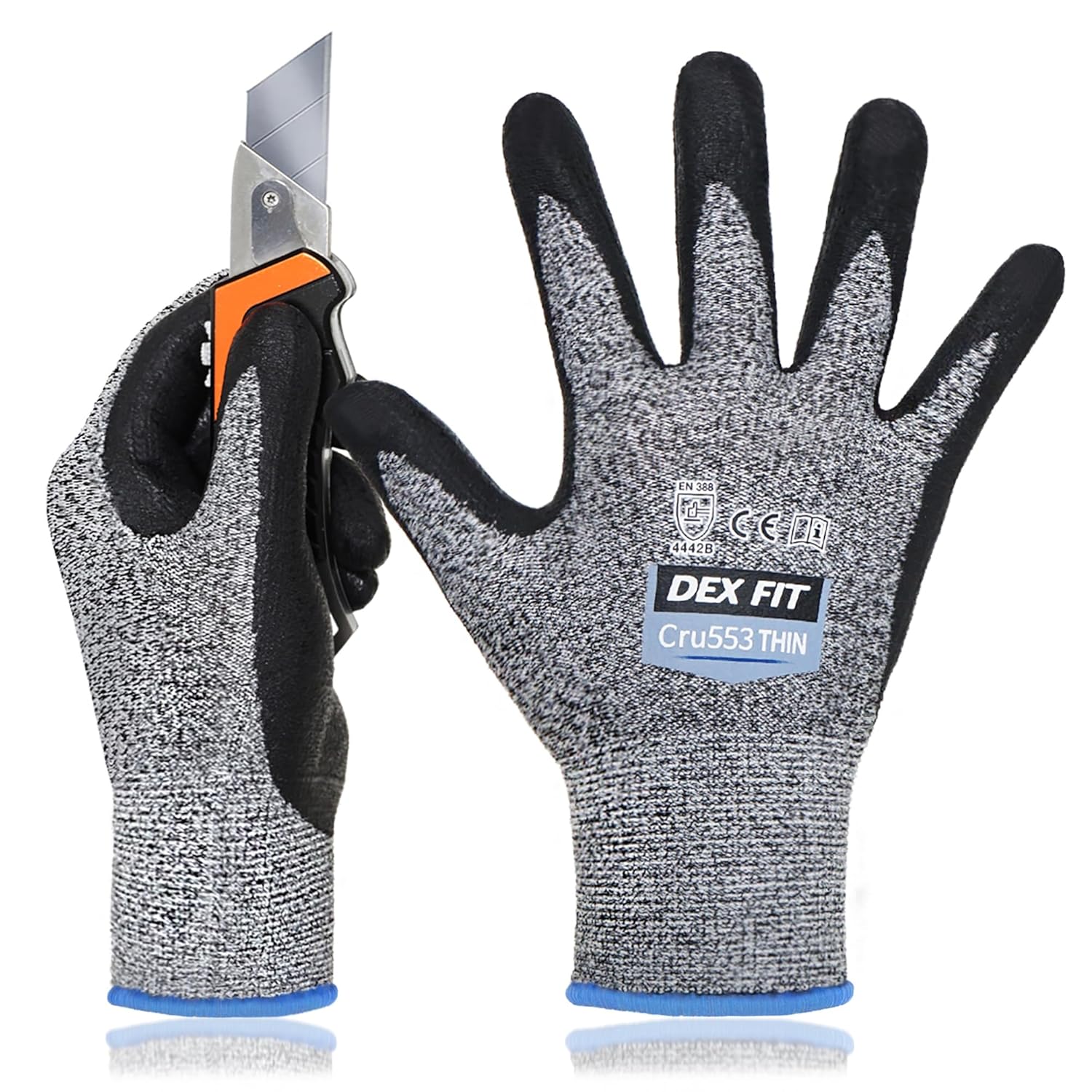 DEX FIT Level 5 Extreme Cut Resistant Gloves Cru553 Thin, Non-Slip Power Grip, Professional Grade 3D Comfort Fit, Thin & Lightweight, Breathable, Touchscreen Compatible, Itch-Free; Grey XS (6)