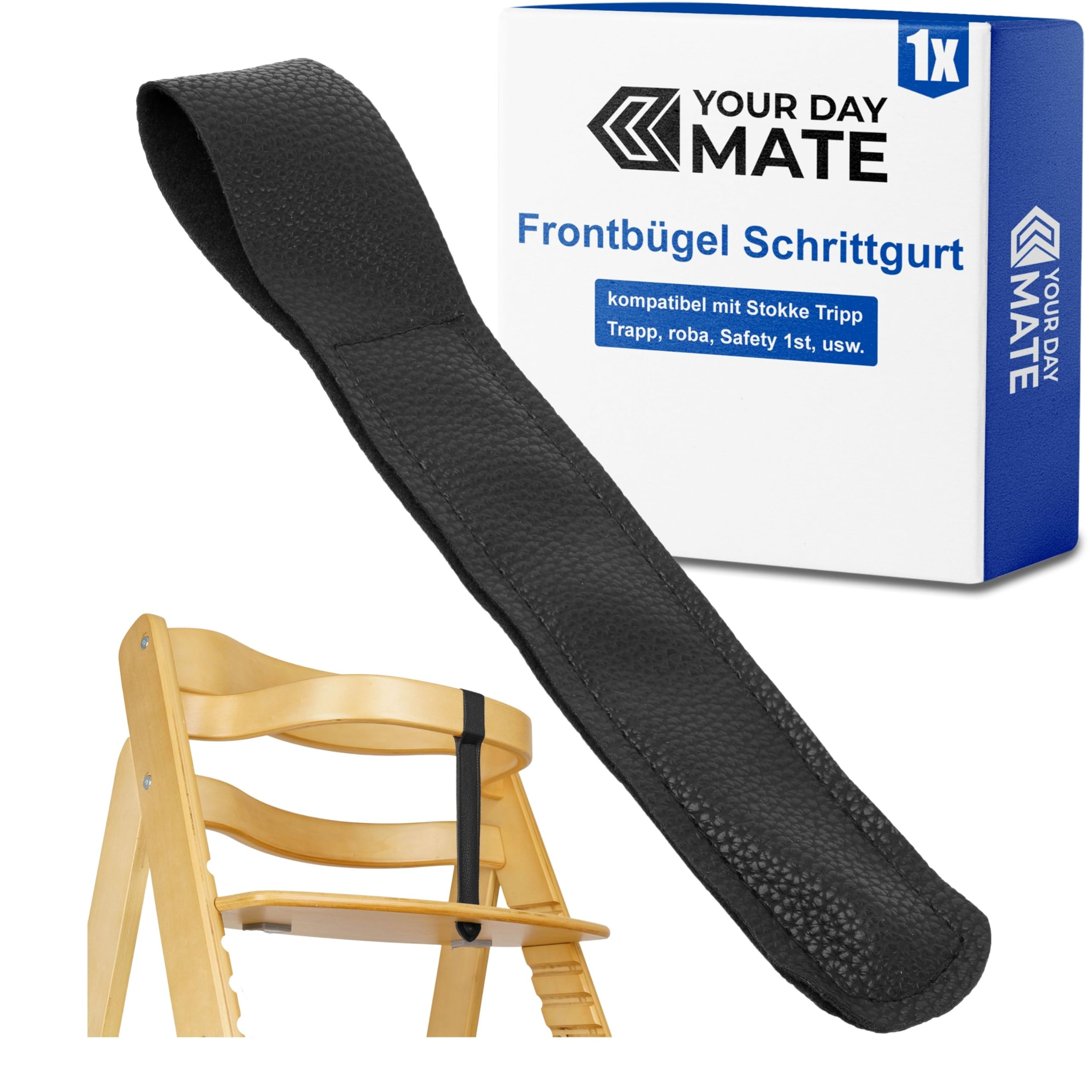 Hochstuhl Schrittgurt, 1 Stück, Schwarz, PU Leder, Sicherheitsgurt kompatibel mit u.a. Stokke Tripp Trapp, roba Sit Up, Safety 1st, Kinderkaft, Bügel Riemen Gurt Kinderhochstuhl, Gurtriemen Frontbügel