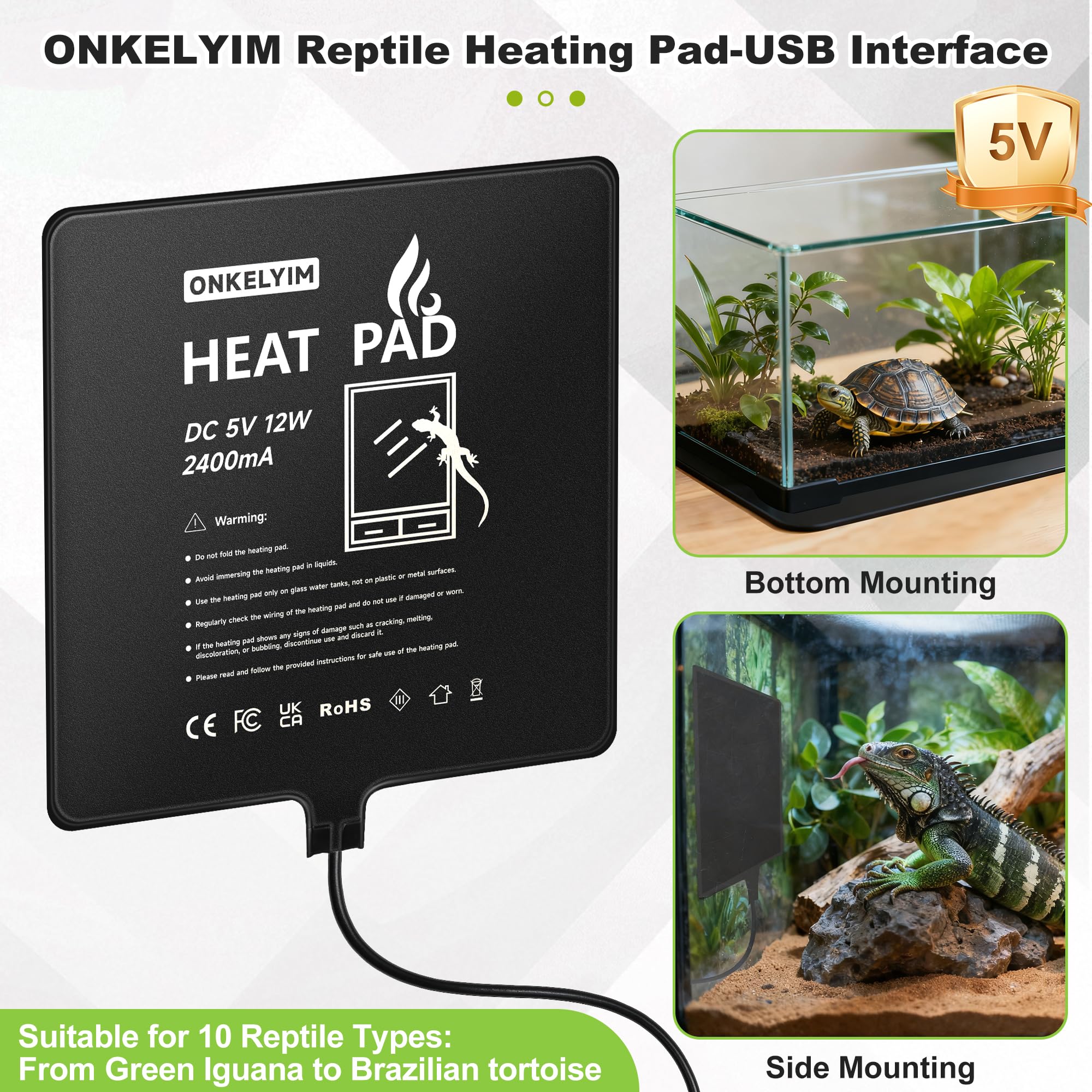Manta Termica Reptiles, 20x 20CM Manta Termica Terrario, Carga USB, Resistente al Agua, para Terrarios: Tortugas, Serpientes, Lagartos, Gecos, y Anfibios Alfombrilla Calefactora para Reptiles(12W)