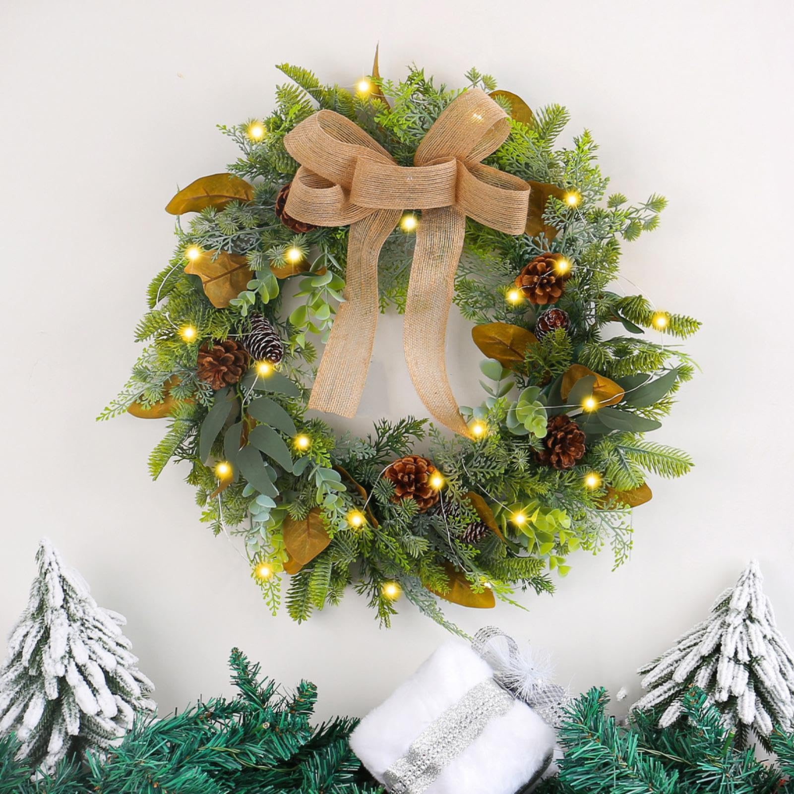 Couronne Noël Artificielle Rose Rotin - Décor Porte, Cheminée Avec Pommes De Pin, Guirlande Dorée | 50 Cm, Style Hiver - 2