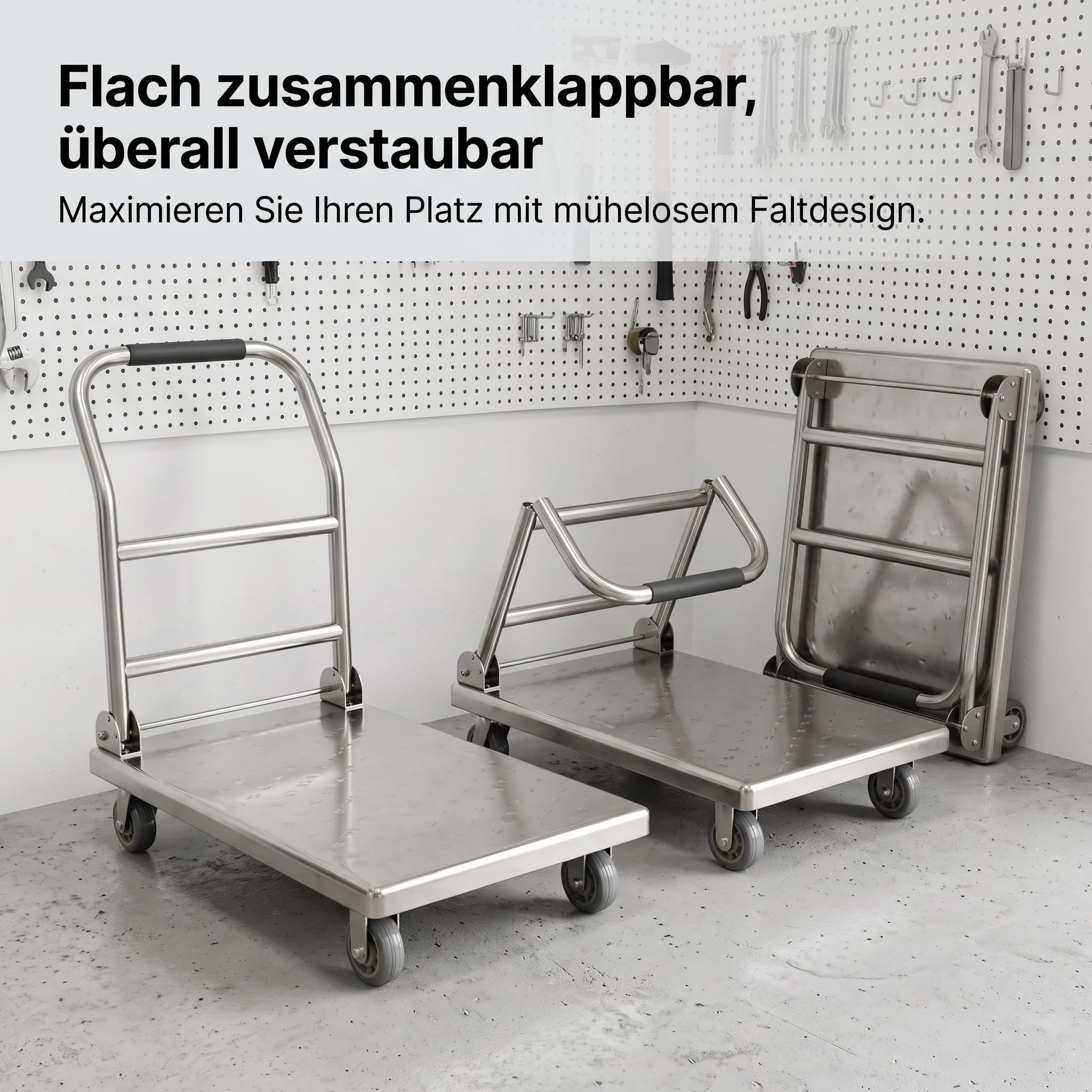 Edelstahl Plattformwagen faltbar, klappbar Transportwagen mit Bremse für Wkstatt & Lag, Edelstahl klappbar, 6 Zoll kraftsparende Räder, 100 cm x 60 cm