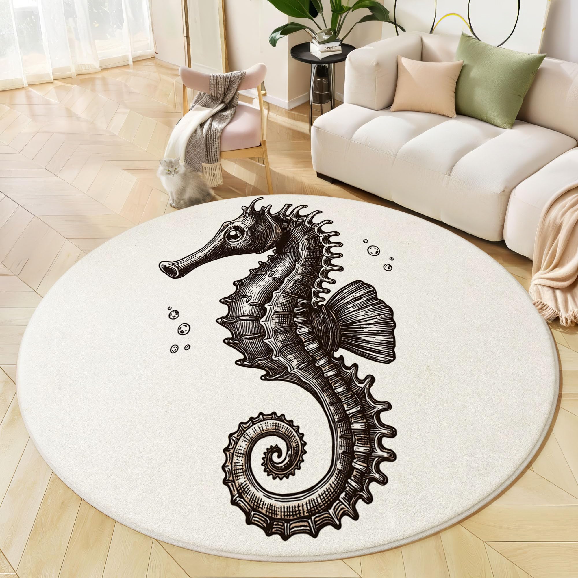 Lignes : Hippocampe Tapis Rond 120cm, Animal Marin Tapis De Sol Décoration Doux Antidérapant pour Chambre à Coucher Balcon Errasse Salle à Manger Intérieur, Blanc