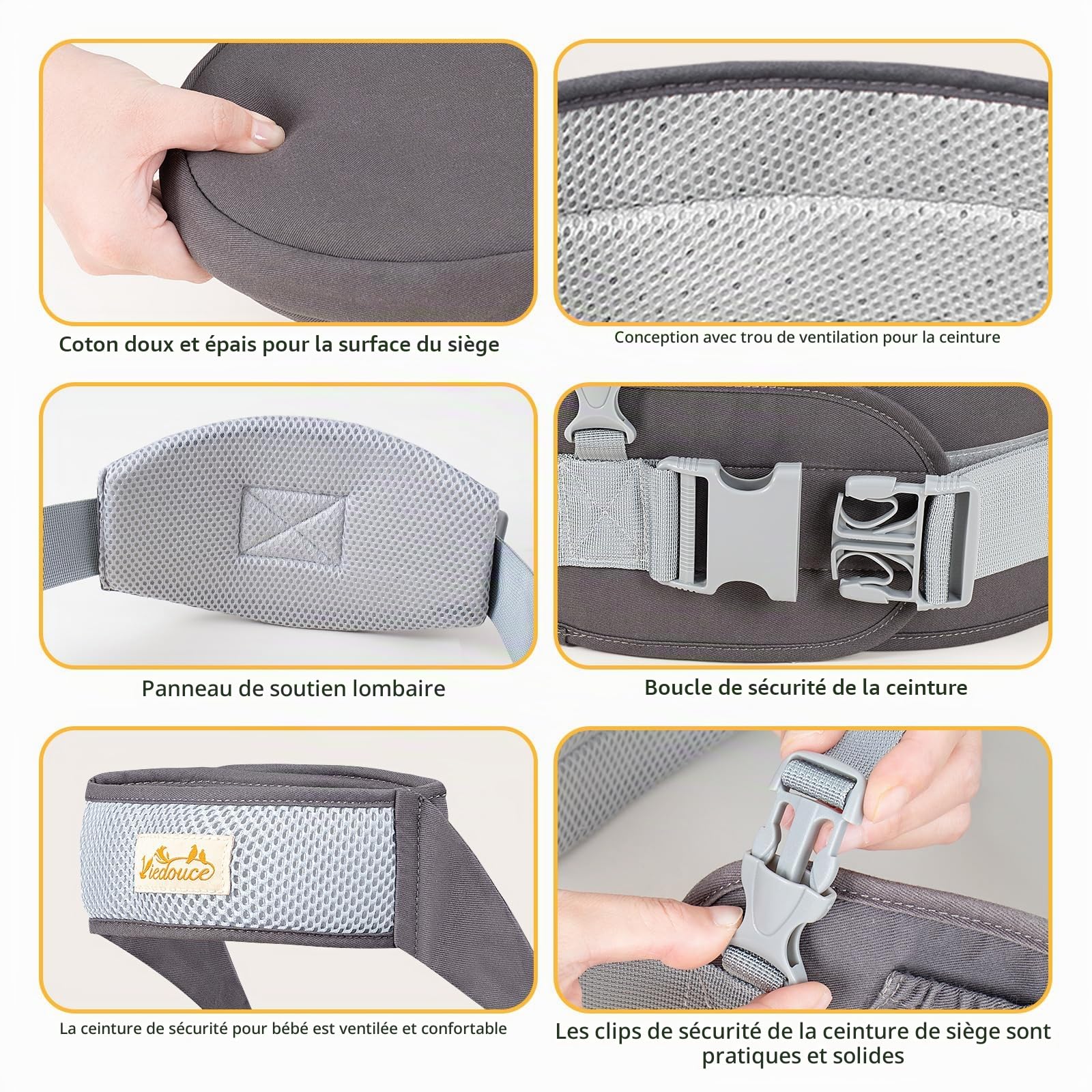 Viedouce Porte Bébé Hanche Ergonomique, Tabouret Siège de Hanche pour Nourrissons et Enfants, Multi Positions, Ceinture de Sécurité de 4-36 Mois （ Gris Foncé）