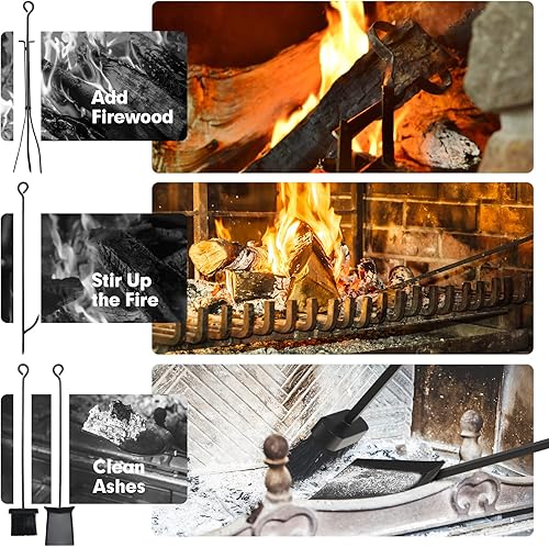 Miniatura 10 de Tangkula Estante para leña de 36 pulgadas con juego de 4 herramientas, juego de almacenamiento para troncos de fuego con cepillo, pala, póker y