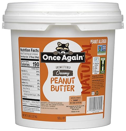 Once Again Mantequilla de maní natural, cremosa, de 5 libras (igual que 5 frascos), ligeramente salada, sin azúcar, certificado sin gluten, vegano,