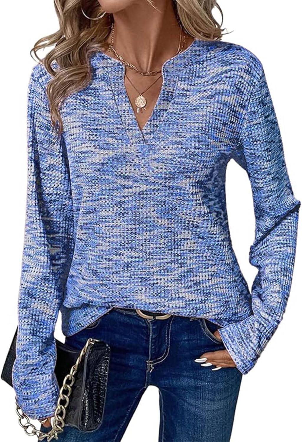 KIRUNDO Waffle Knit Tops V Neck Long Sleeve Blouses for Women Dressy Casual Henley Work Shirts 2026 Spring Fall Clothes