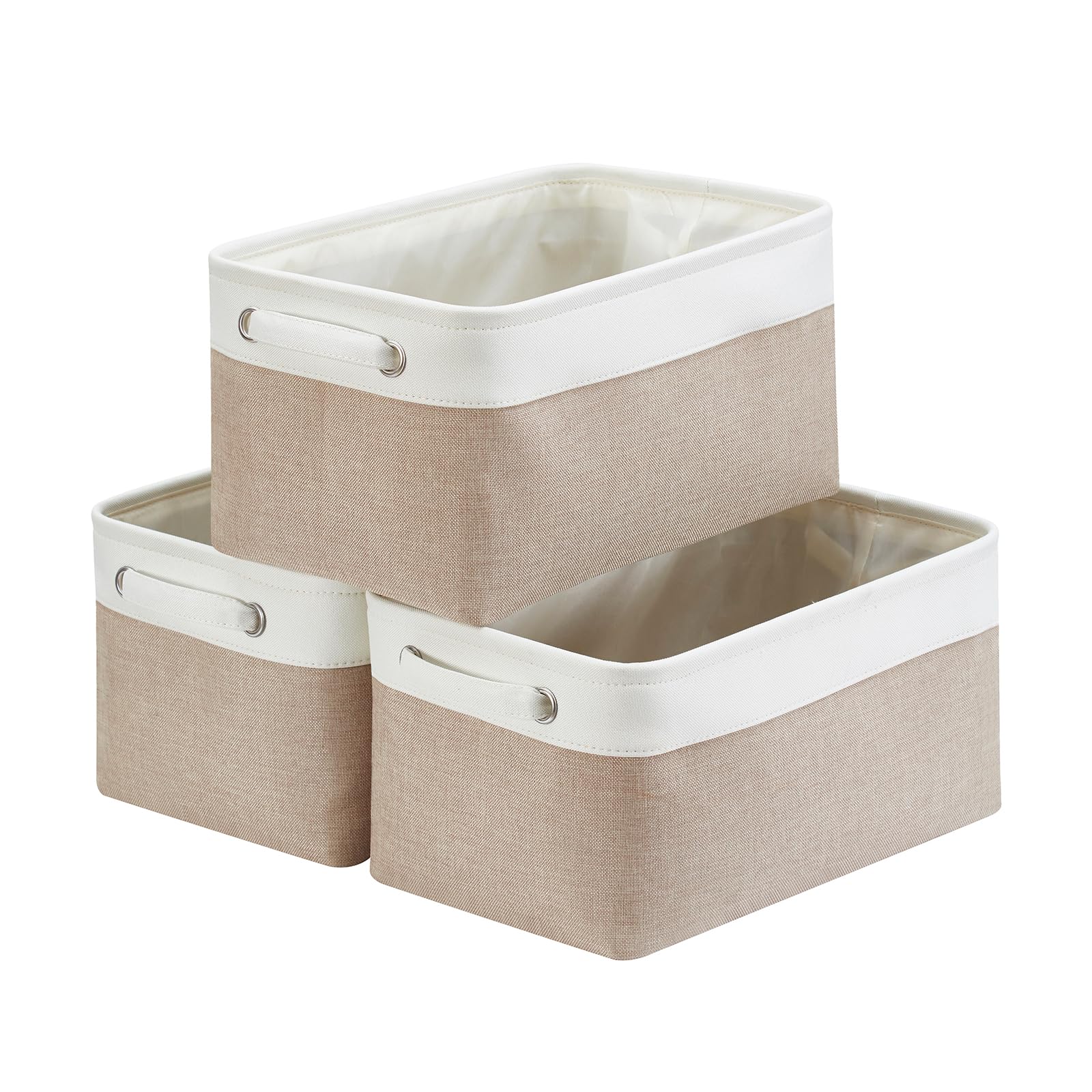 Mangata Medio Cajas de almacenaje Set de 3, cestas de almacenaje, cestos almacenaje de Tela para Armario, estanteria, Juguetes (Plegable,Blanco caqui)