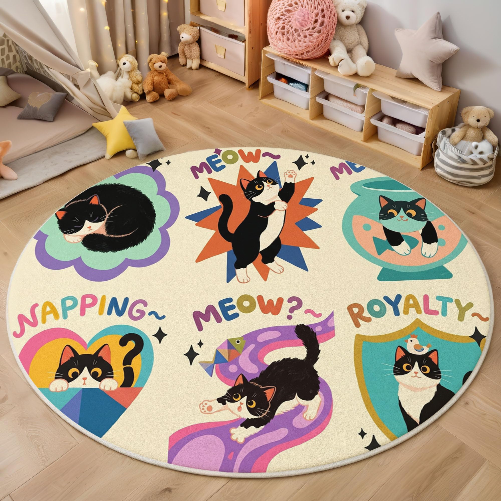Tapis rond 80cm animaux amusants lavable pour chambre d'enfant