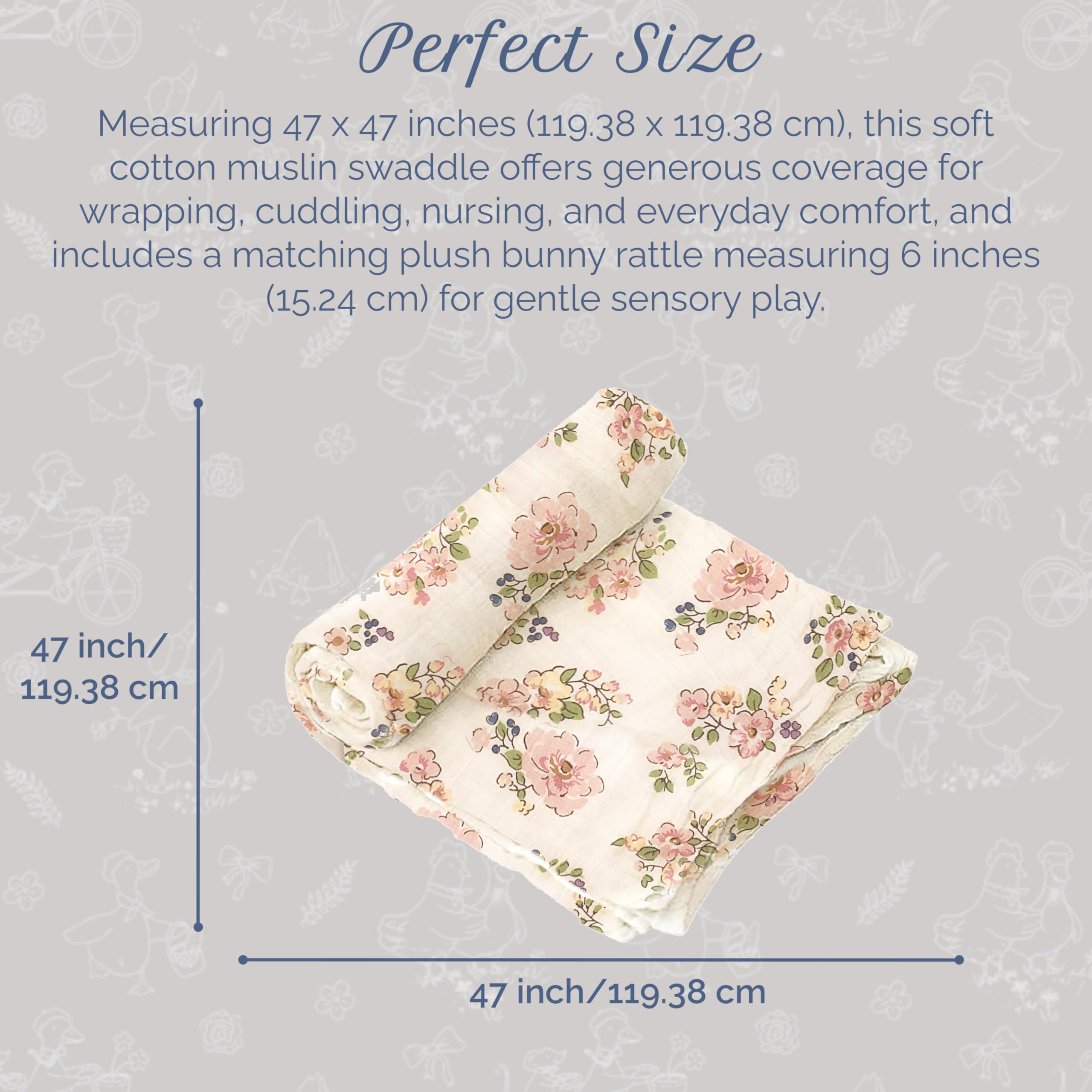 MON AMI Französisches Blumen-Hasen-Geschenkset | 119,9 x 129,9 cm weiche Baumwoll-Musselin-Babydecke und 15,2 cm Plüsch-Rasselspielzeug | perfektes Neugeborenen-Essential für Geburtstage und