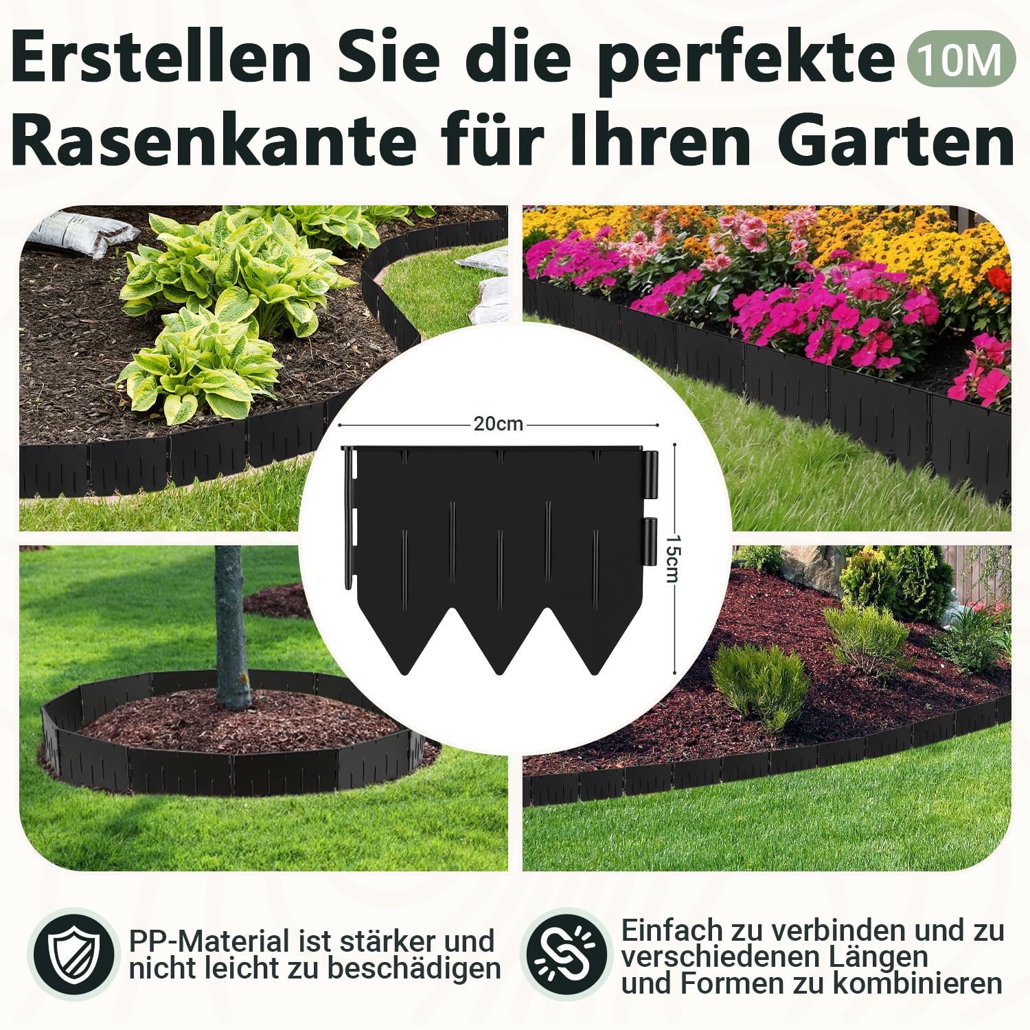 Césped de plástico 10 m x 15 cm, juego de 50 piezas de cercado de polipropileno negro para cerrar, sin trabajos de excavación, resistente a la intemperie para jardín, césped y parterres