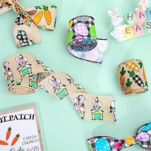 Miniatura 5 de Whaline 6 rollos de cinta de borde con alambre de Pascua, 30 yardas, conejo de Pascua, huevo, zanahoria, camión, gnomo, cinta decorativa para