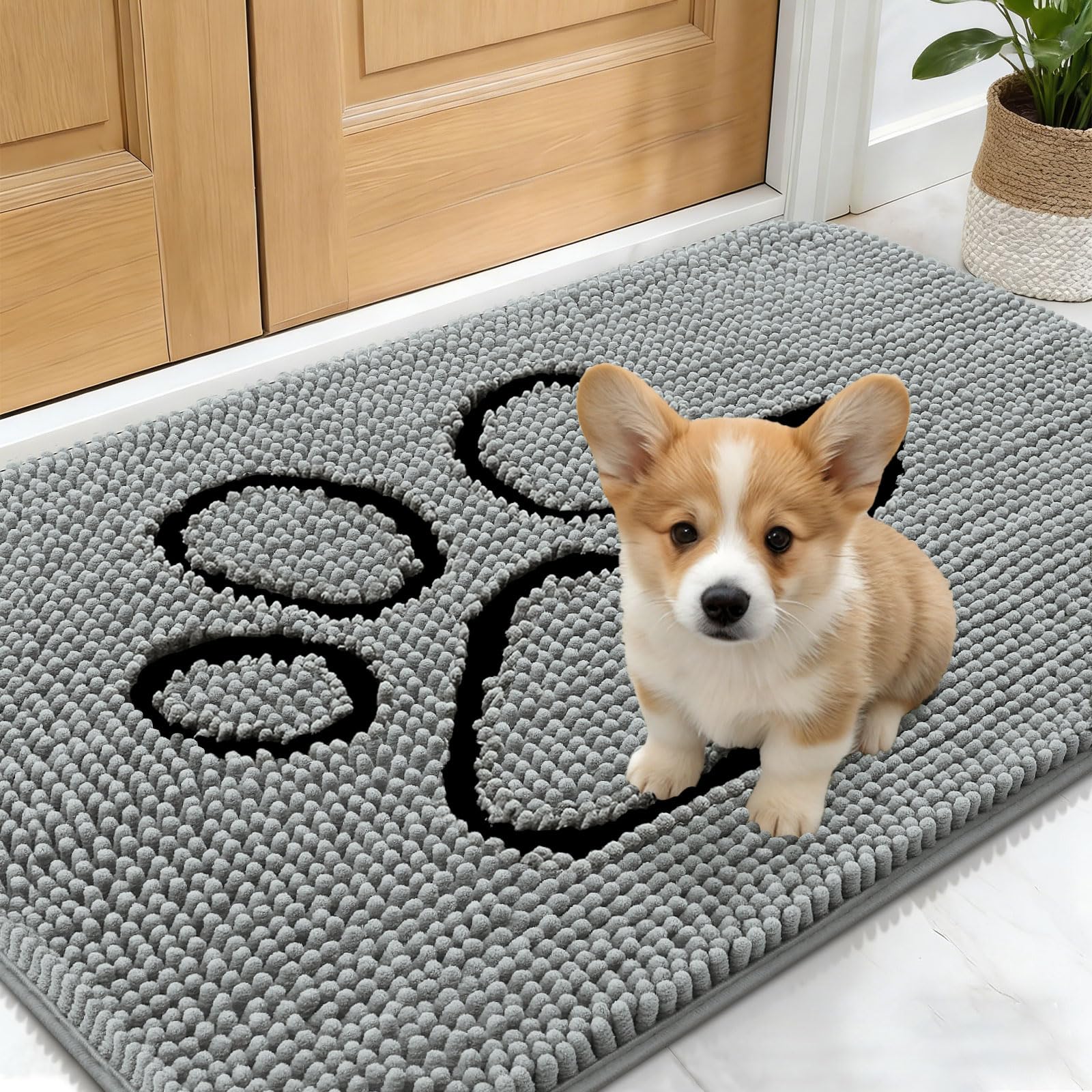 OLANLY Dog Door Mat for Muddy Paws 24x16, Paw Print Design Chenille Mud Mat