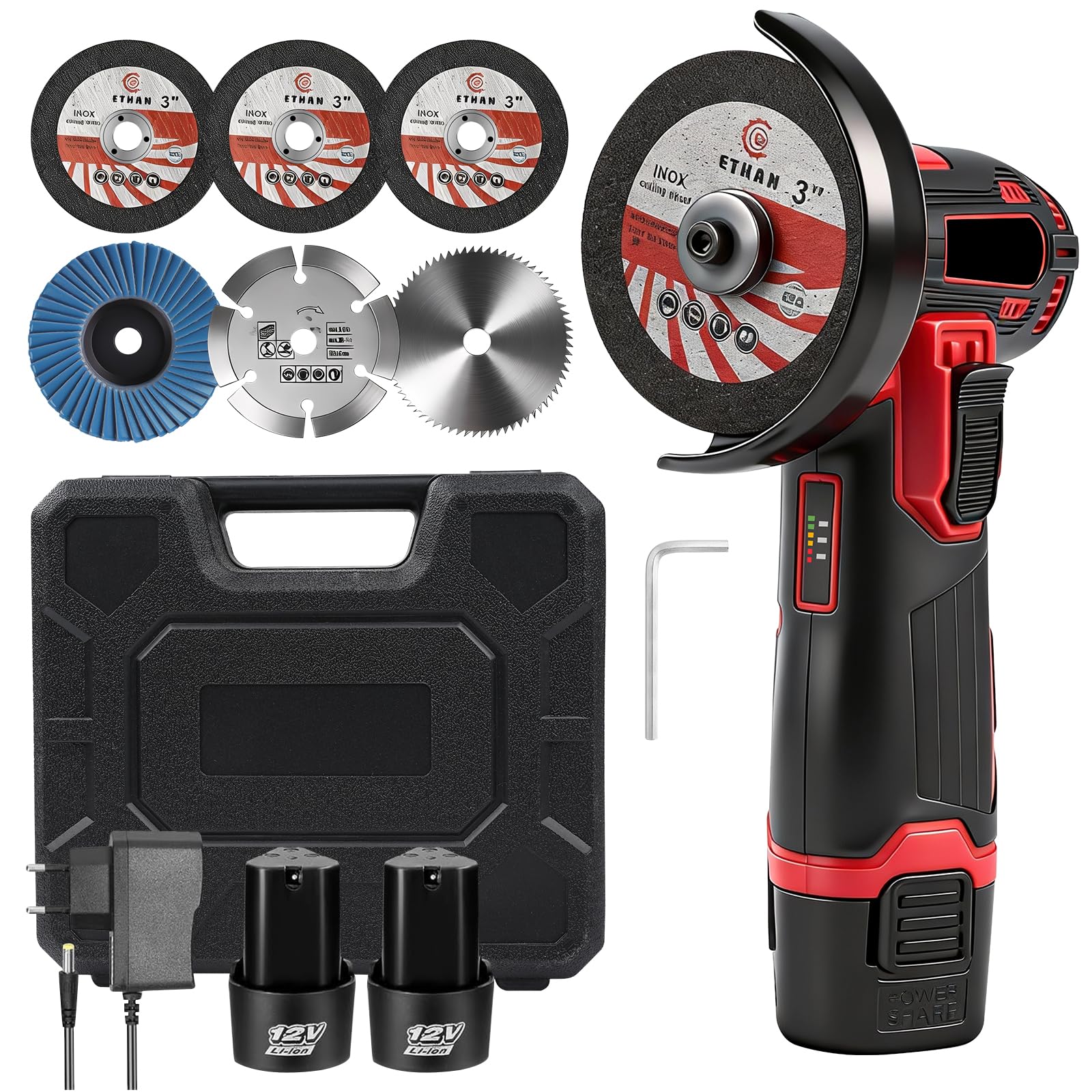 Mini Angle Grinder Battery, 19500rpm 76mm Mini Radial Battery with 2 Batteries 1300mAh 12V and Discs for Cutting and Polishing, Small Wireless Grinder for Grinding, Polishing, Cutting