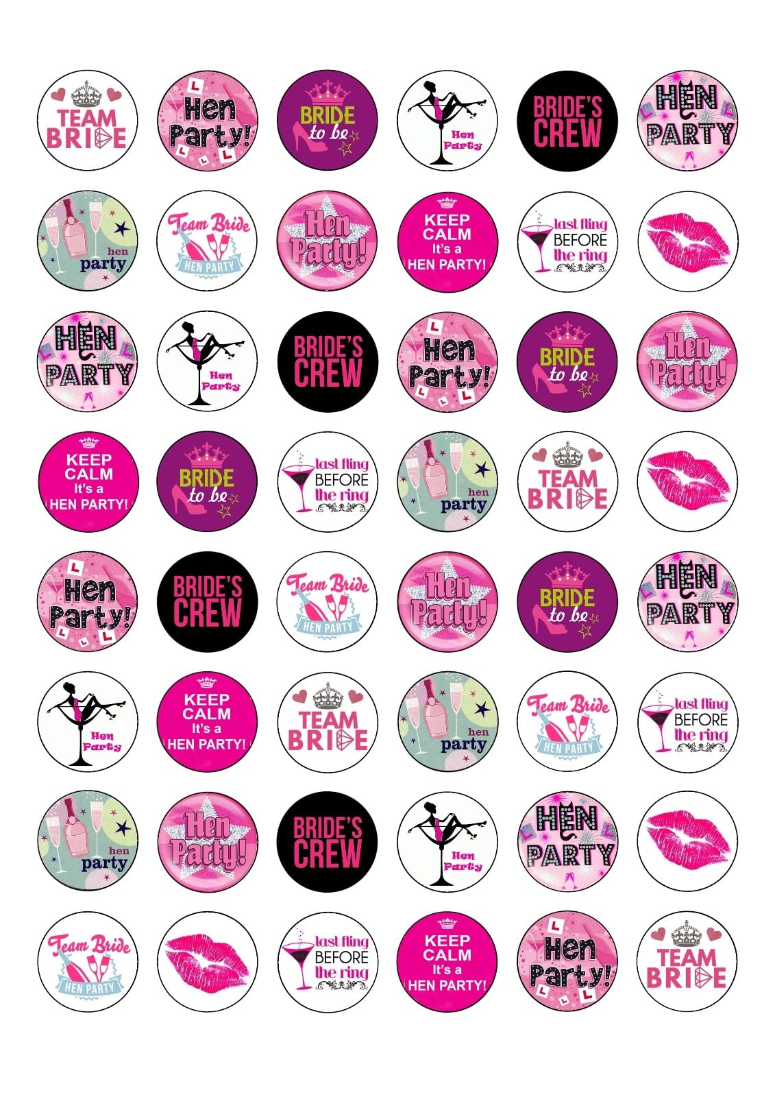 48 Hen Party Themed Round Edible Wafer Paper Cake Toppers Decorations