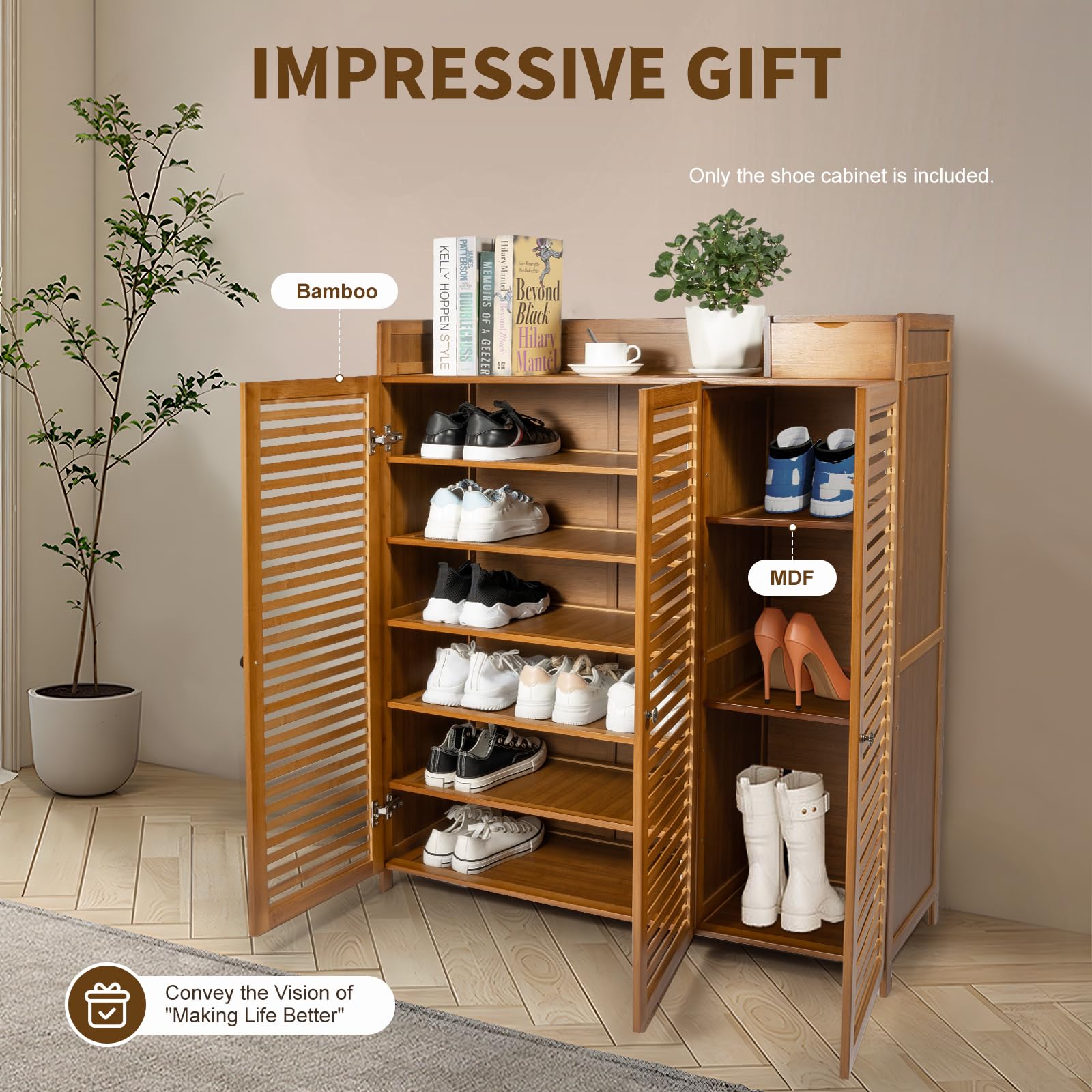 Scarpiera portaoggetti per Letteratura con Ante a persiana, 30 Paia di Scarpe, con Ripiani, Stile Rustico Boho, in Legno, per Ingresso, corridoio