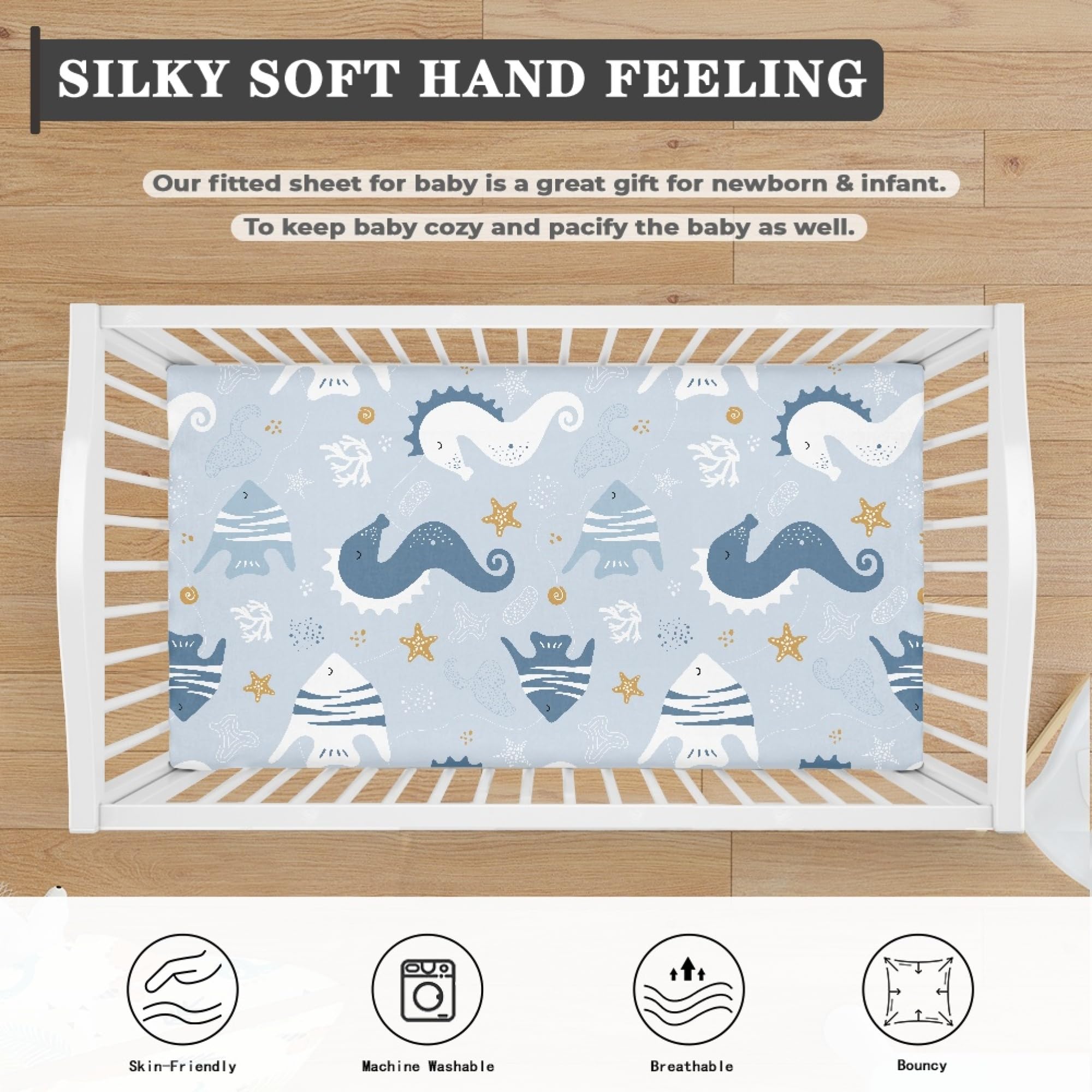 Sábanas para cuna de bebé de animales marinos para niños y niñas, transpirable, suave, sábana bajera ajustable para colchón estándar de niños pequeños, 52 x 28 x 8 pulgadas