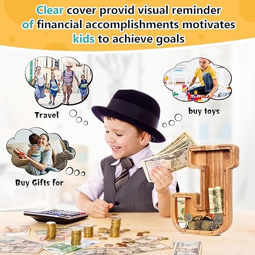 Miniatura 512 de SummiDate Alcancía de madera con nombre, niños y niñas, tamaño grande, letras alfabeto A-Z, monedas y billetes, inicial en cubierta transparente