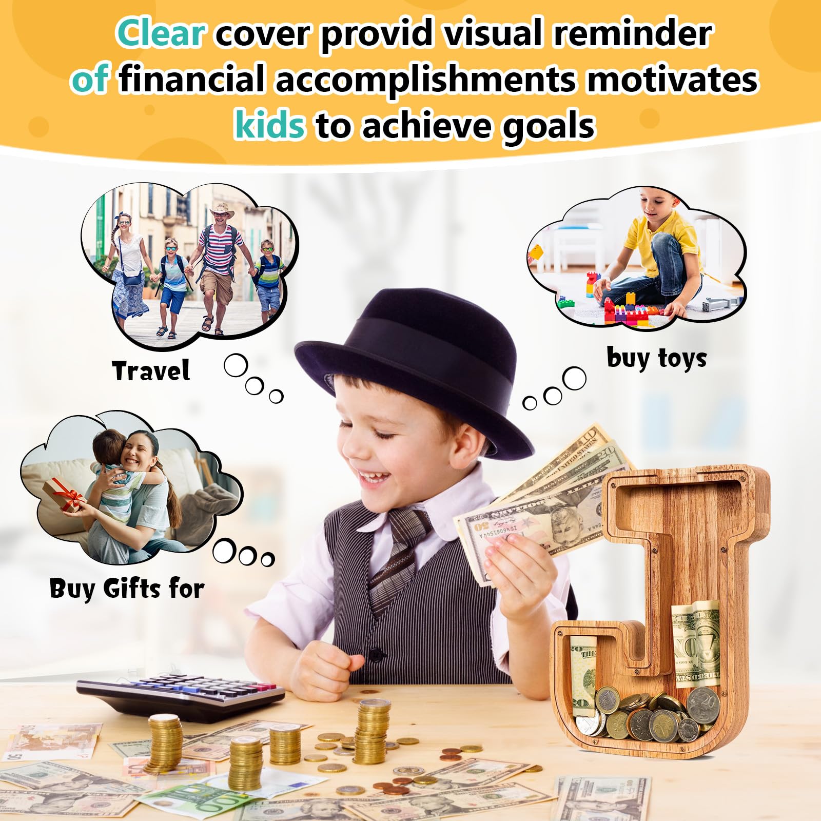 SummiDate Salvadanaio in legno con lettera dell'alfabeto J, regalo di compleanno per bambini, regalo di compleanno per bambini (iniziale J)