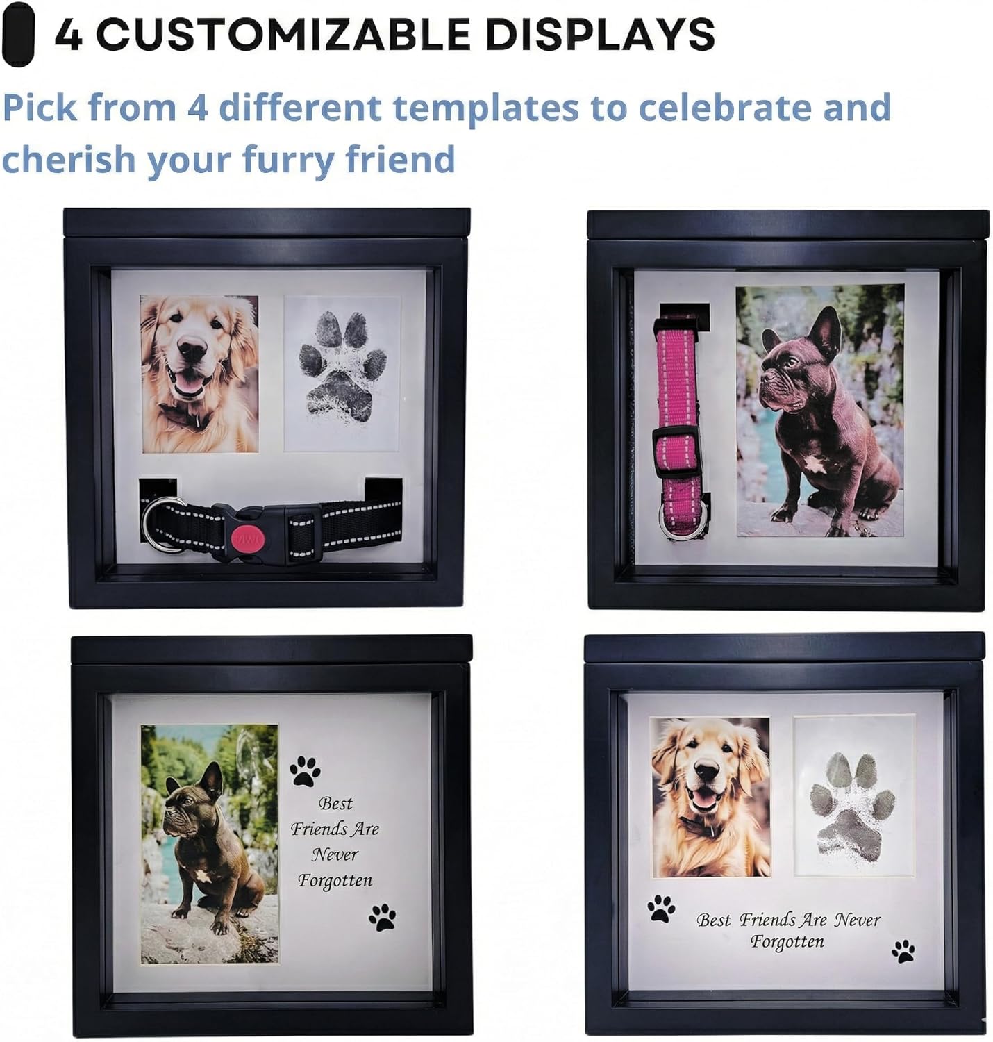 Dog Urn for Ashes, 4 Customizable Displays with Paw Print Ink Kit and Flannel Bag, Pet Urns for Dogs Ashes, Pet Cremation Box, Cat Urn for Ashes, Dog Ashes Keepsake (Black)