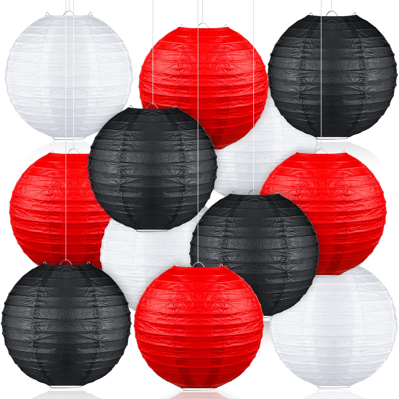 Panelee 12 Pcs Black Red White Party Decoration 8 Inches Hanging Round Lanterns Hanging Paper Lantern Decoration for Wedding Graduation Birthday Theme Party Decor Supplies
