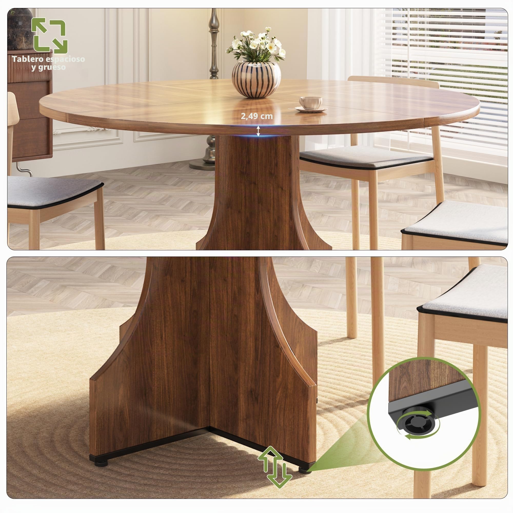 Garvee Mesa de Comedor Redonda de 120 cm para 4-6 Personas, Mesa de Cocina Moderna de Estilo rústico con Estante Inferior, Patas Regulables en Altura, fácil Montaje, Color Nogal