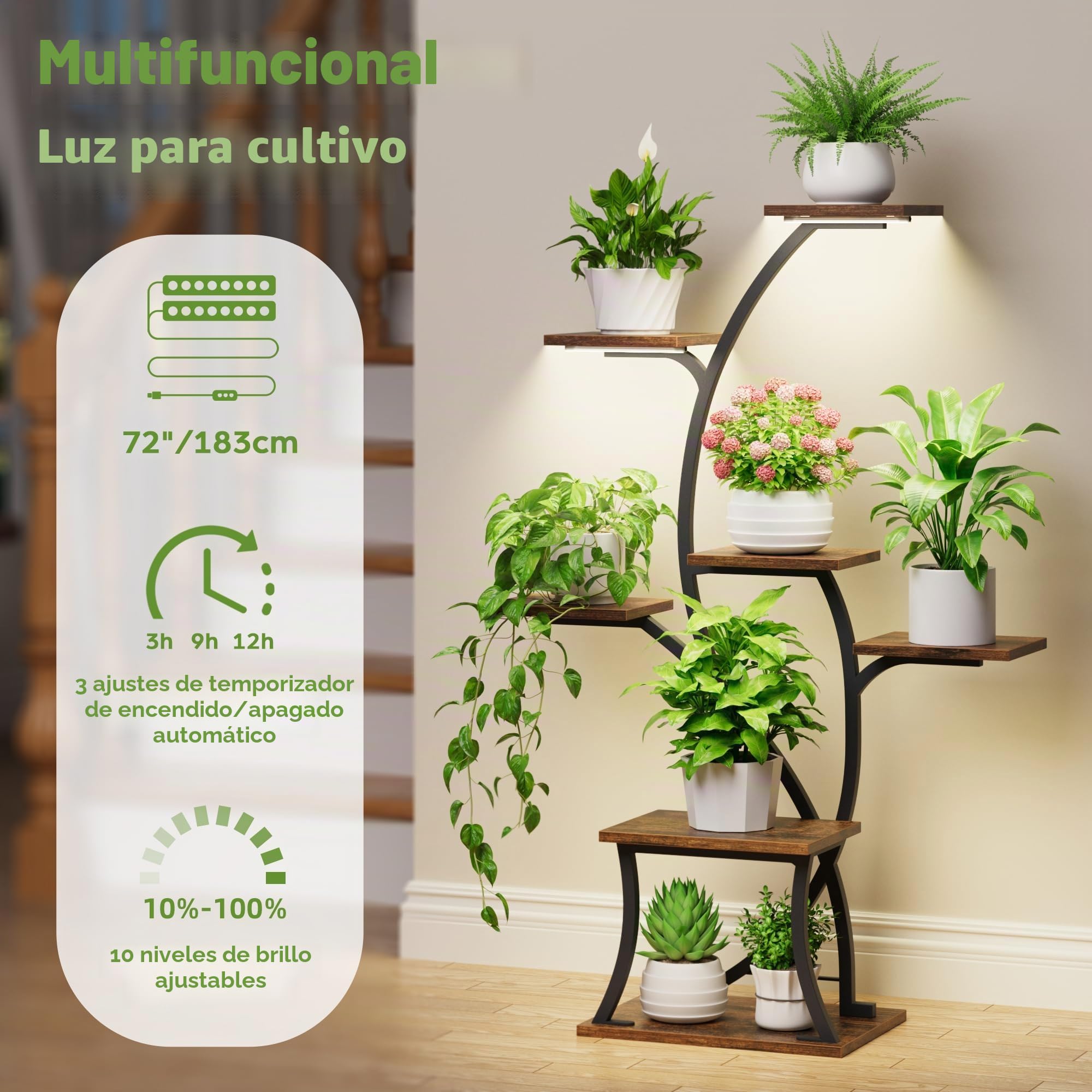 BACEKOLL Soporte para plantas de interior con luces de crecimiento, 7 niveles, soportes esquineros de 44 pulgadas, estantes de metal para plantas, estante curvado para plantas para sala de estar