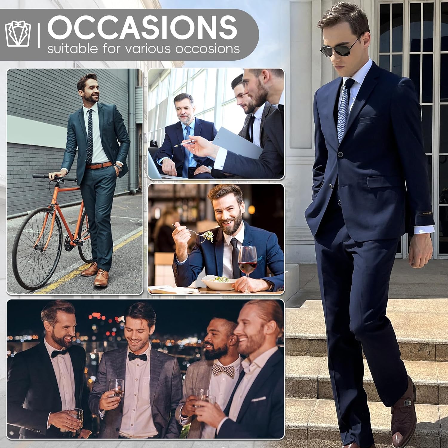 Men's Suit 2 Piece Classic Fit Elegant 2 Buttons Solid Jacket Blazer & Pants Set for Business Wedding Daily - Image 5