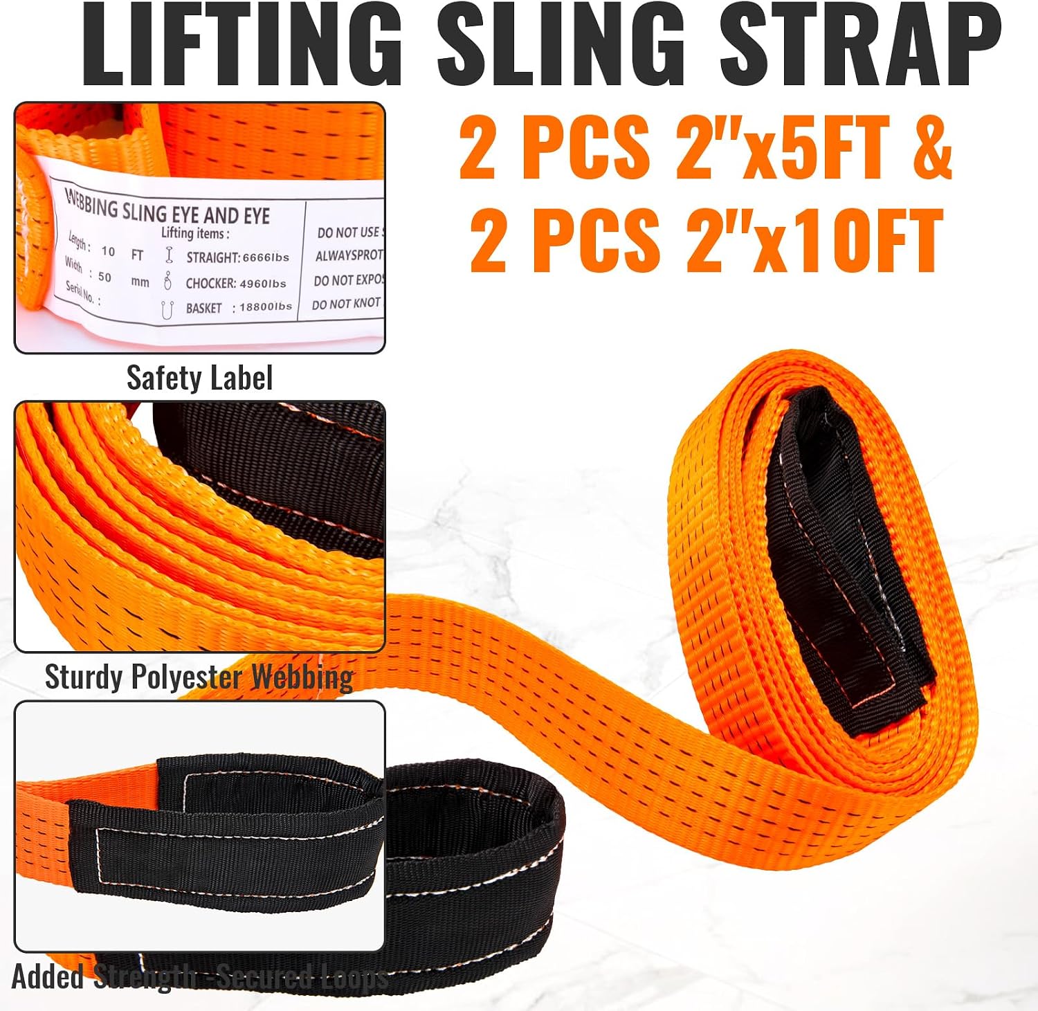 2PCS 2" x5FT & 2PCS 2" x10FT Heavy Duty Nylon Lifting Sling Strap, 18800lb Capacity Super Sturdy Flat Eye Rigging Strap for Hoist, Towing, Moving, Tree Saver Recovery, and Winch