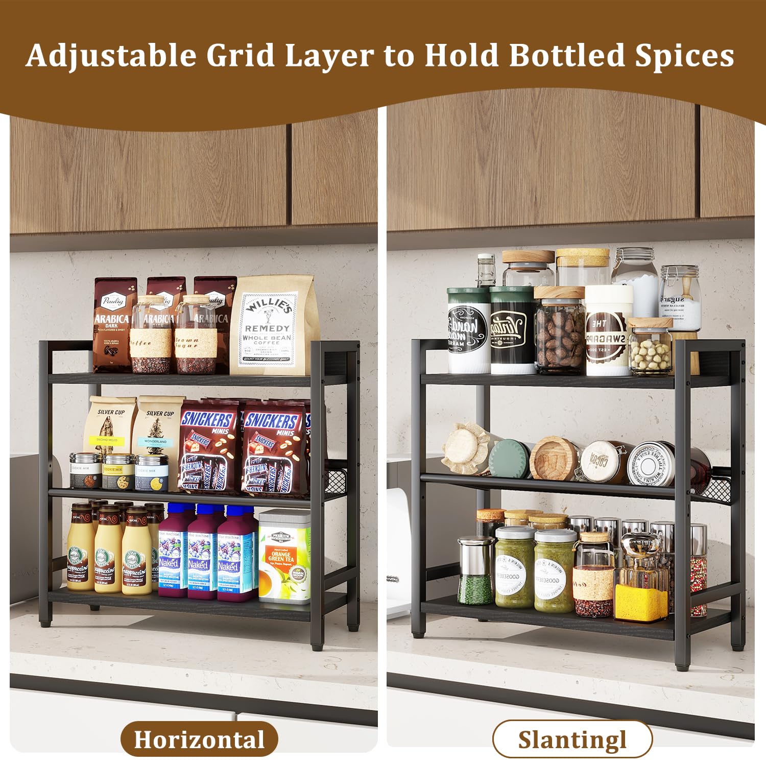 Estante de especias industrial de 3 niveles, organizador de almacenamiento de escritorio, estante de condimentos de pie para encimera, cocina, oficina, sala de estar, escritorio, negro, 3