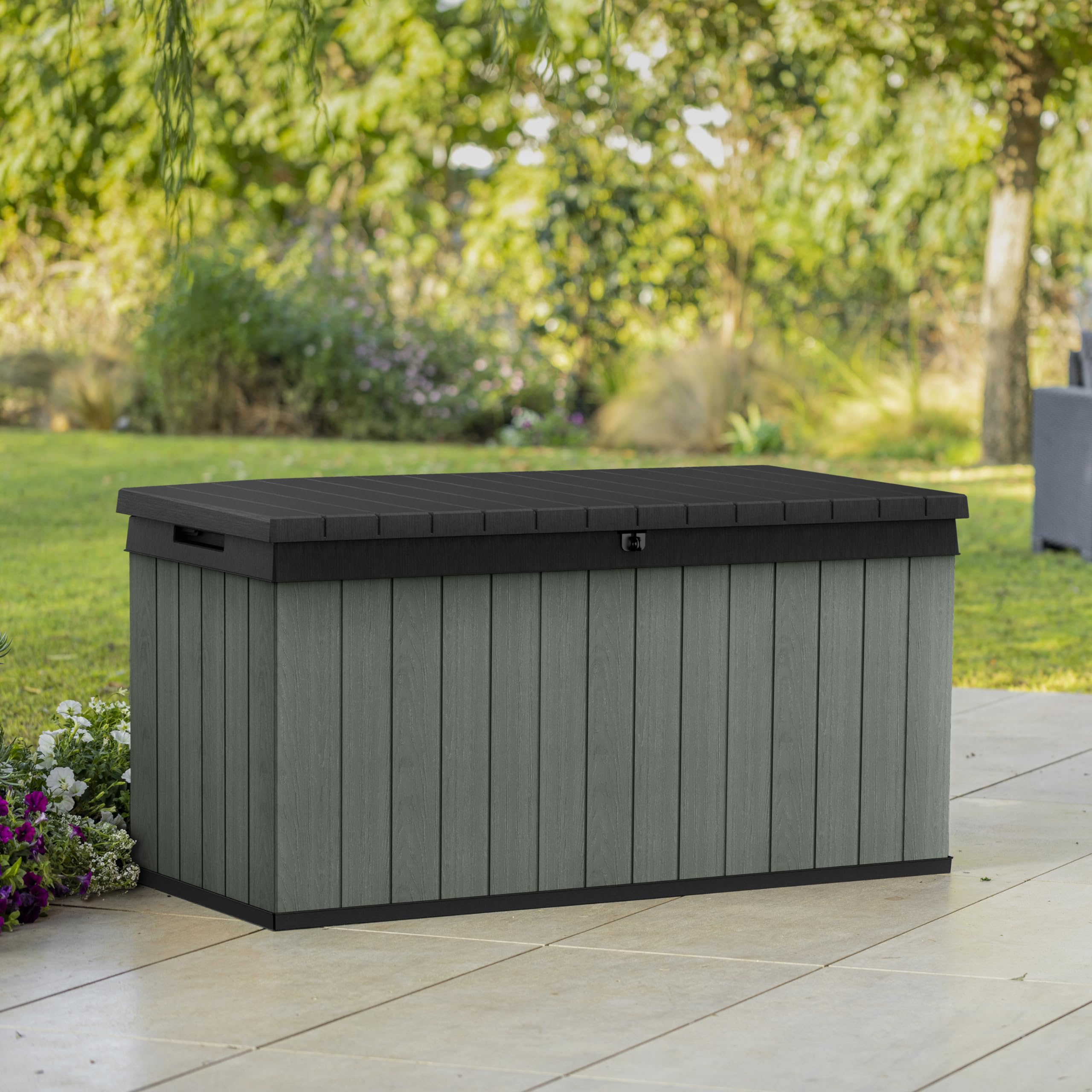 Keter Darwin 511L - Scatola portaoggetti per mobili da giardino da esterno, effetto legno Evotech+, non sbiadisce, resistente a tutte le intemperie, sicura e sicura, nessuna manutenzione, 2 anni di