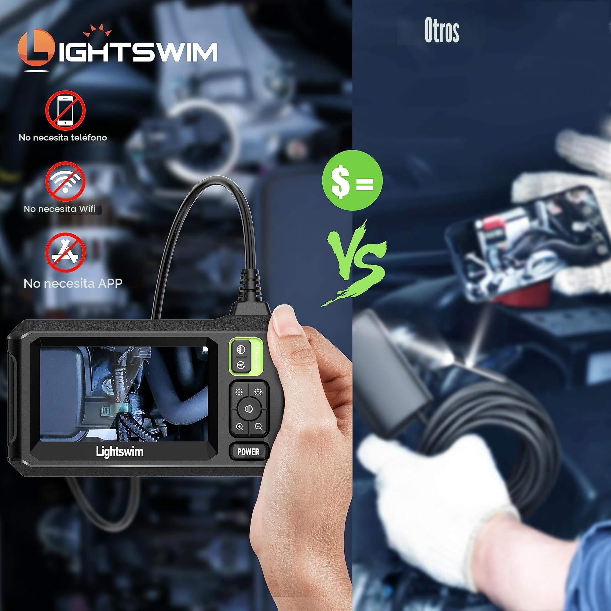 Lightswim Cámara de inspección de endoscopio Industrial, cámara de alcantarillado con boroscopio IPS de 4,3", cámara de Serpiente Impermeable IP67 de Mano con 8 Luces LED, Cable semirrígido de 5 m
