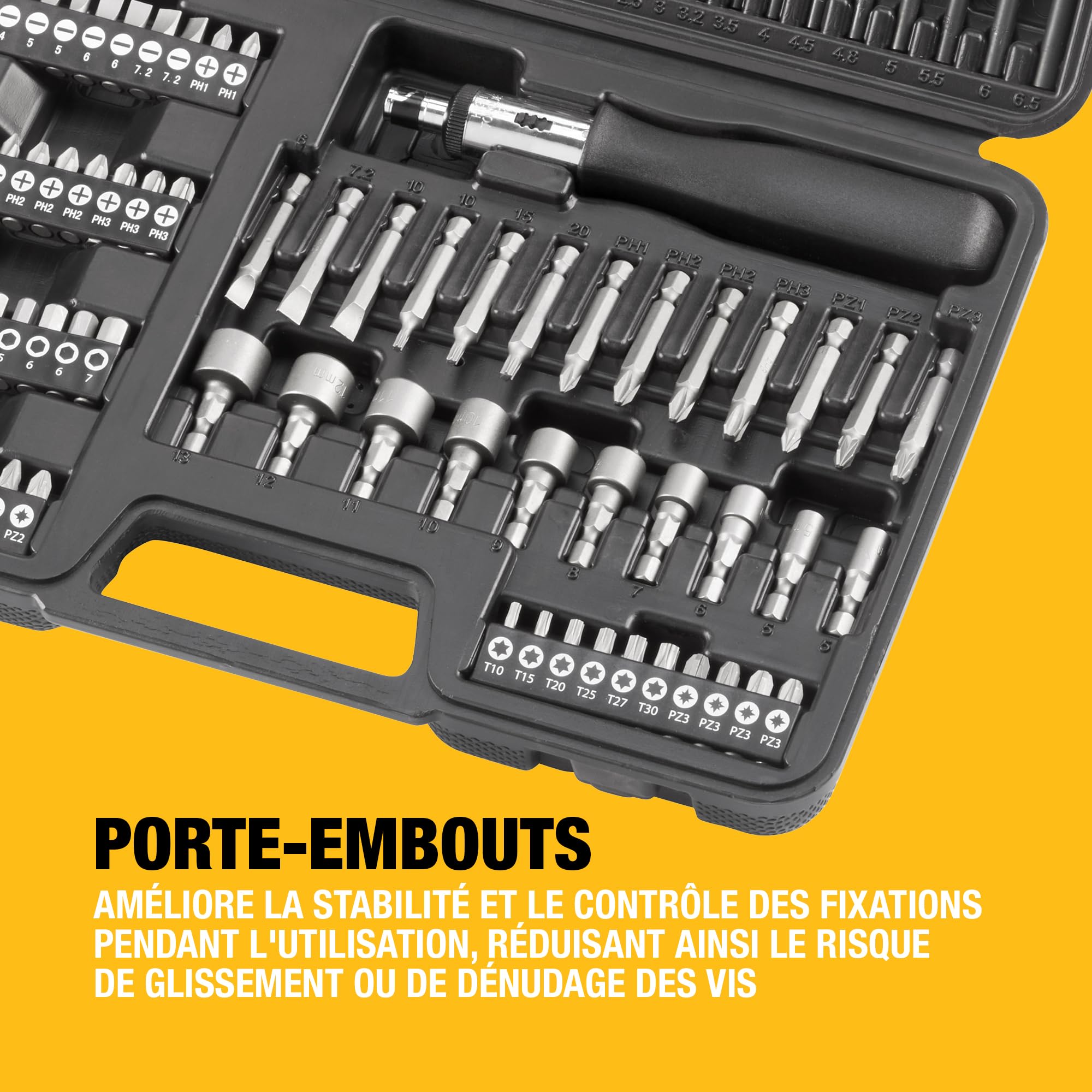 DEWALT Coffret de 109 Accessoires Percage Vissage.13 Forets HSS, 13 Mèches à bois, 5 Mèches Béton,50 Embouts de vissage 25mm, 13 Embouts 50mm, 10 Douilles, 2 Extracteurs de vis,1 Fraise, DT0109-QZ
