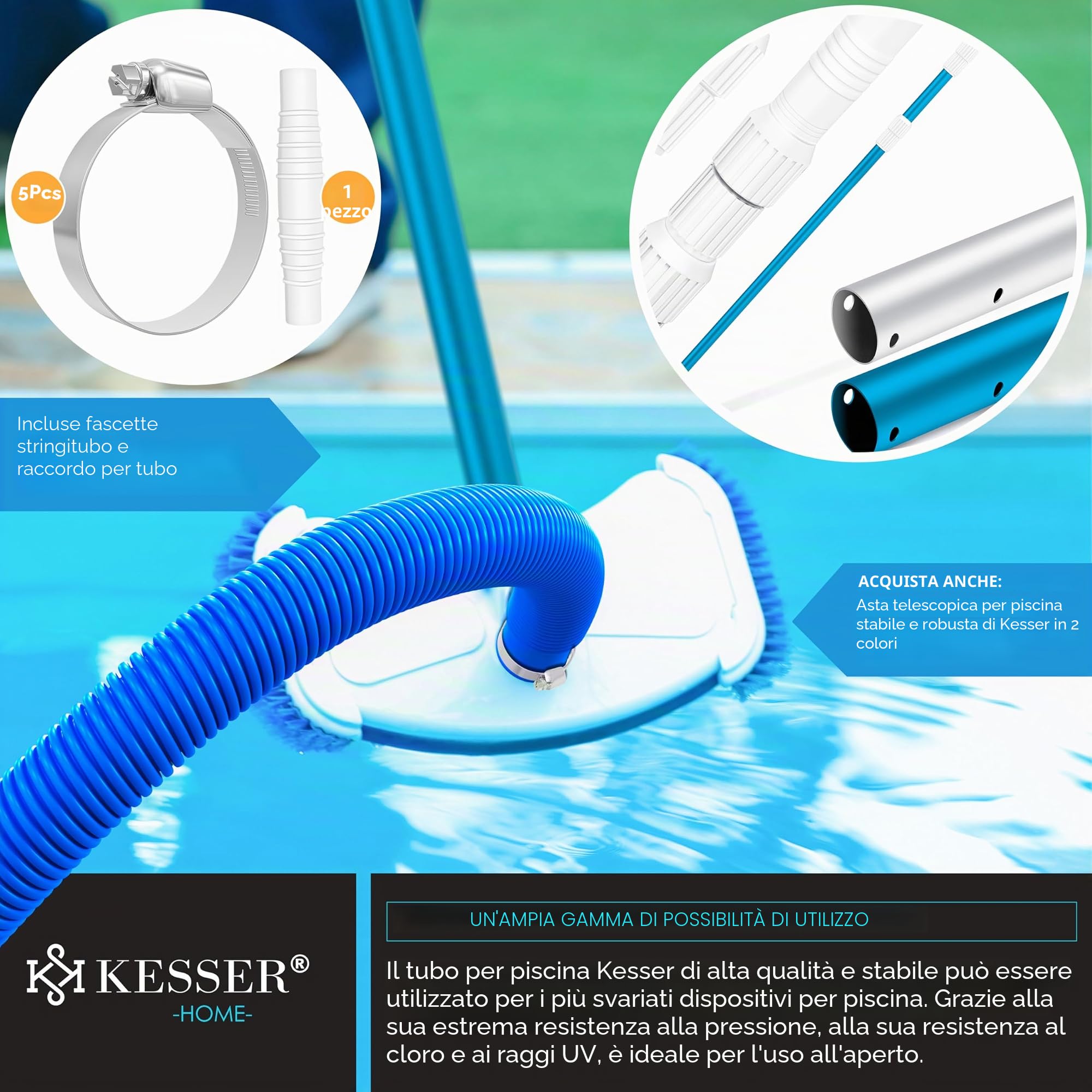 Tubo per piscina KESSER | tubo per con manicotti | tubo solare per piscina da esterni e al coperto | aspirazione | flessibile per pompa | flessibile dell’acqua