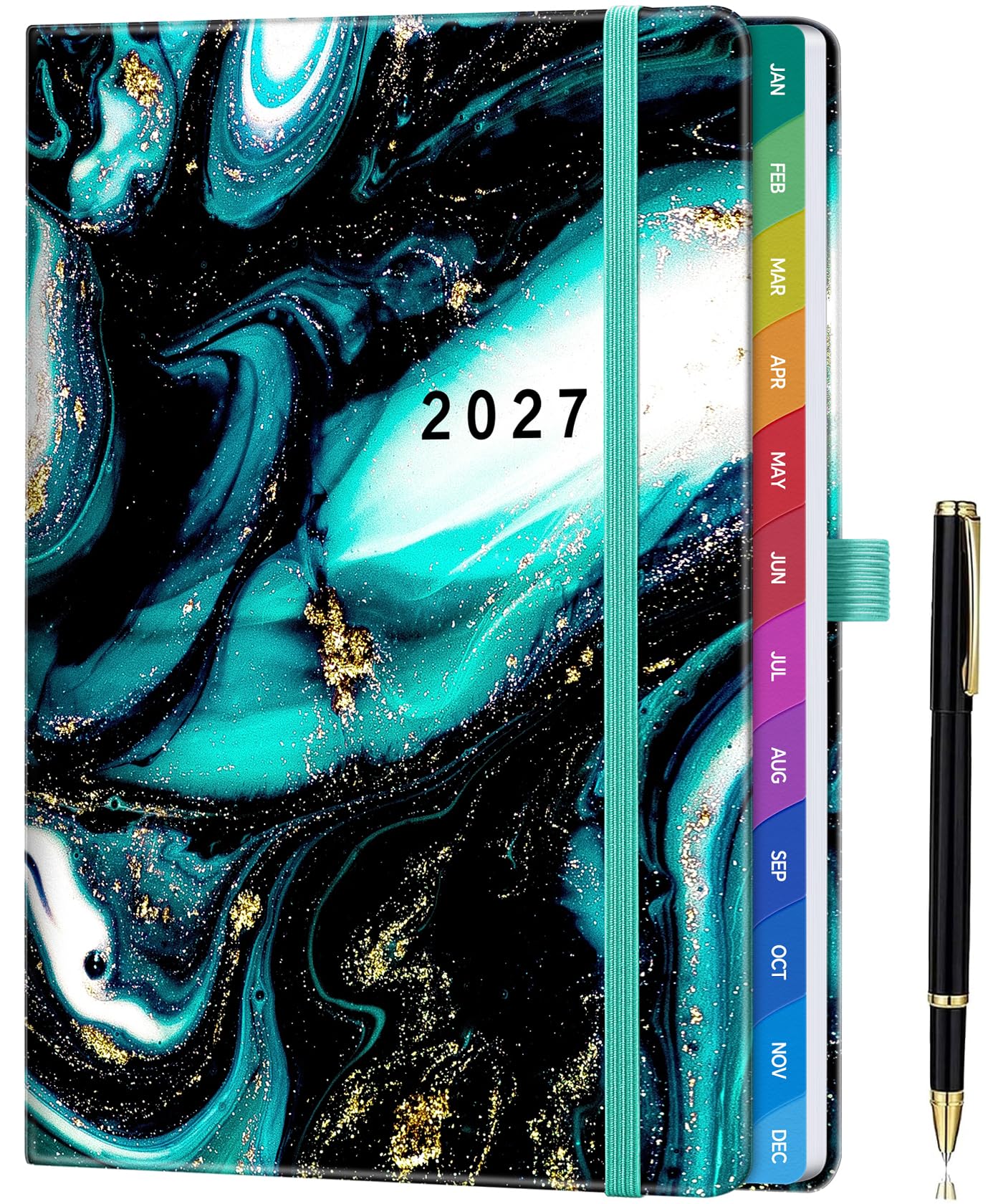 ZXHQ 2027 Diary Week to View A5, Jan - Dec, 2027 Full Year Weekly and Monthly Planner, Colorful Monthly Tabs, UK Holiday, with Pen, Inner Pocket - (5.9" × 8.5") - Emerald Night