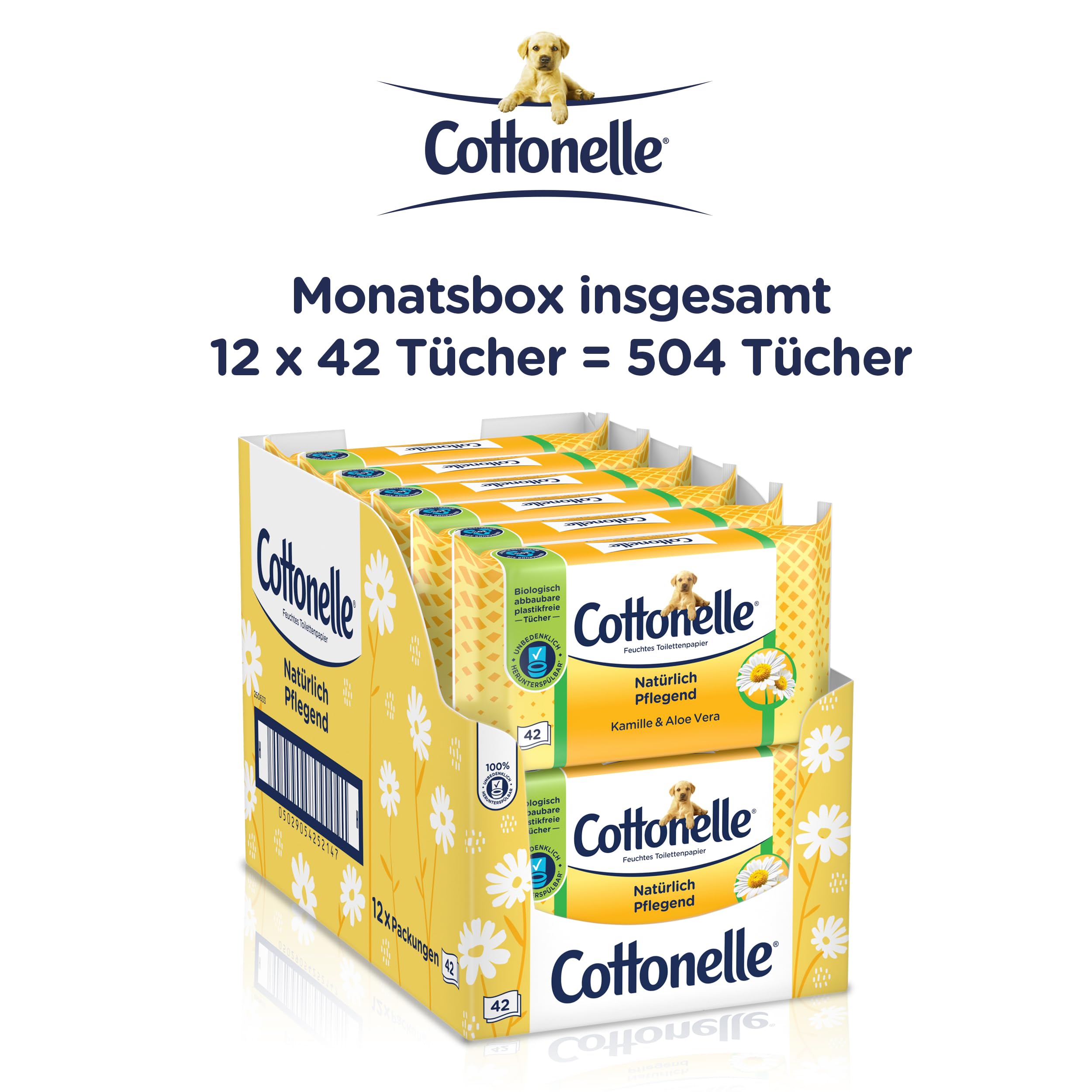 Cottonelle Carta igienica umida, naturale nutriente, camomilla e aloe vera, biodegradabile, senza plastica, richiudibile, confezione conveniente, 12 x 42 salviettine umidificate