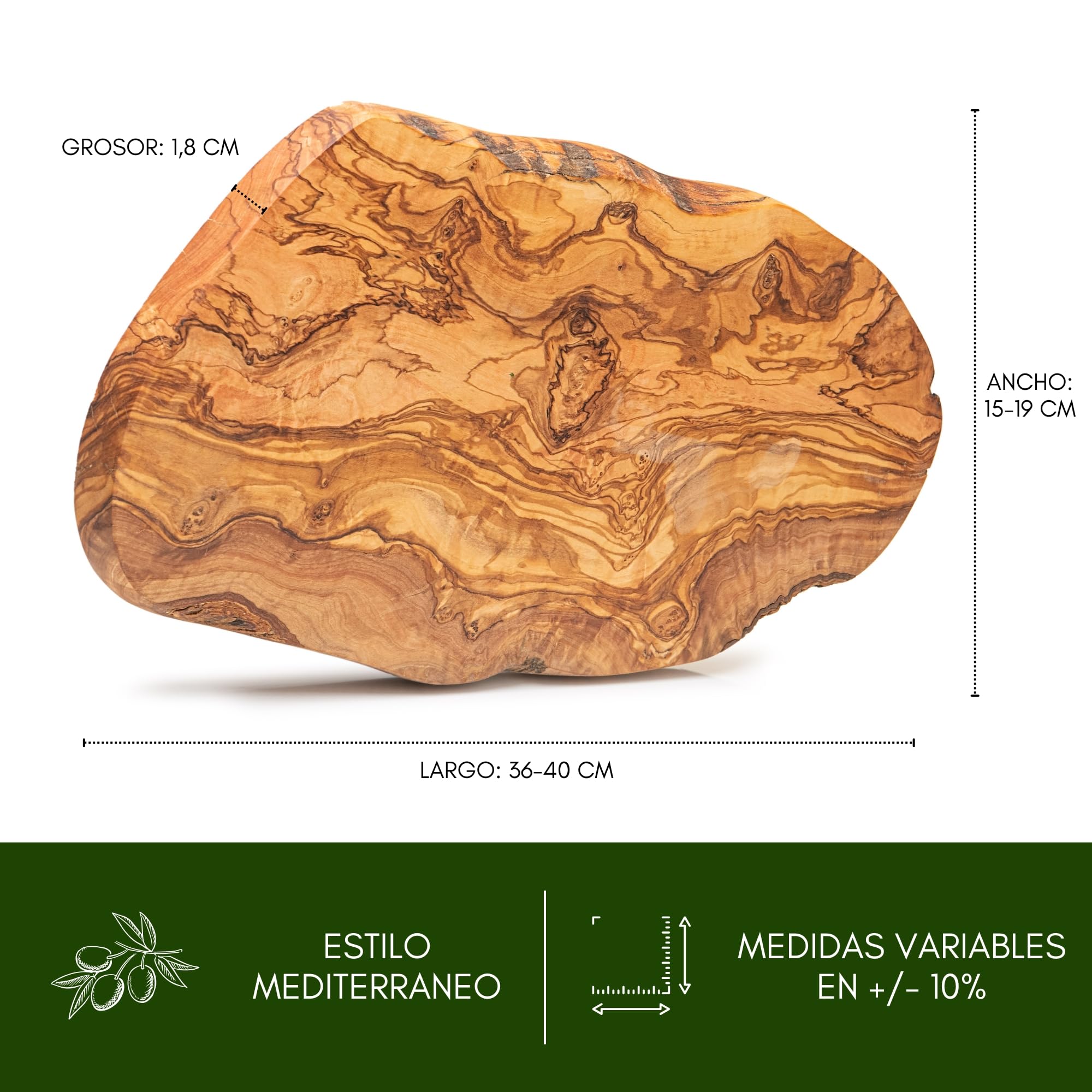 Tabla de Madera de Olivo Natural para Cortar y Servir 39 x 18 cm Reversible Artesanal