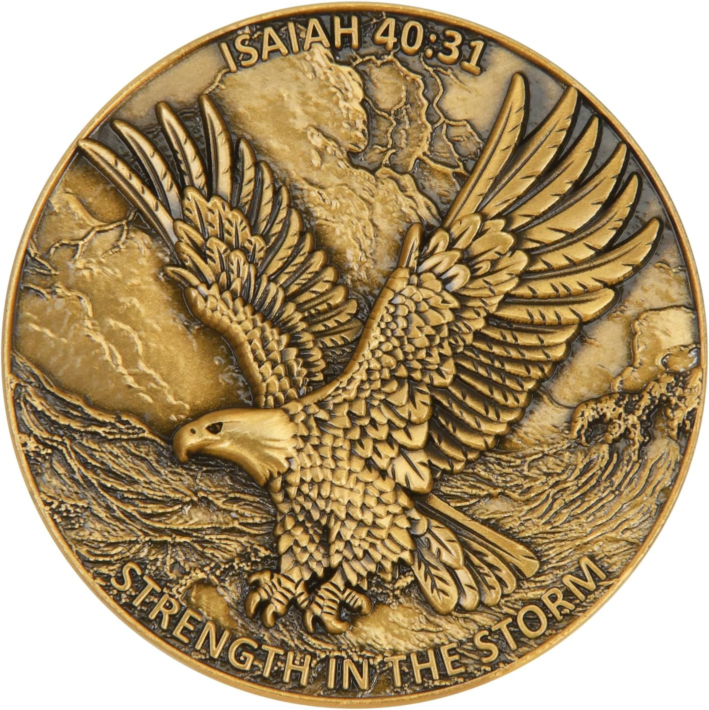 5Pcs 1.57 Inch Zinc Alloy Double-Sided 3D Eagle Challenge Coin - Inspirational Design with Isaiah 40:31 Engraving, Strength in The Storm Theme(Pack of 5)