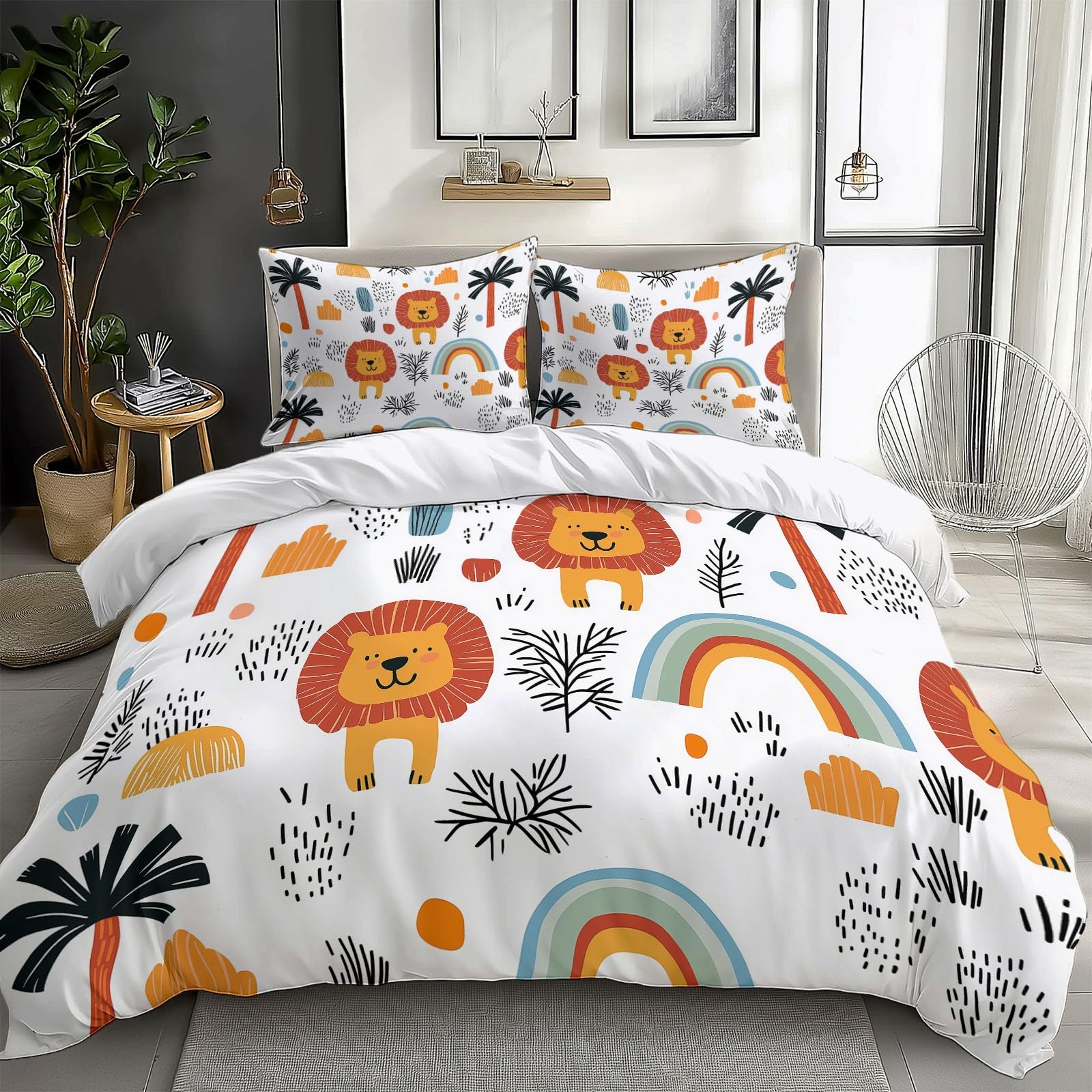 California King Duvet Cover Cartoon Lion Rainbow Palm Trees Cal King Bedding Duvet Cover Set, 3 Pieces, Soft and Breathable Comforter Cover with 2 Pillow Shams, for All Season