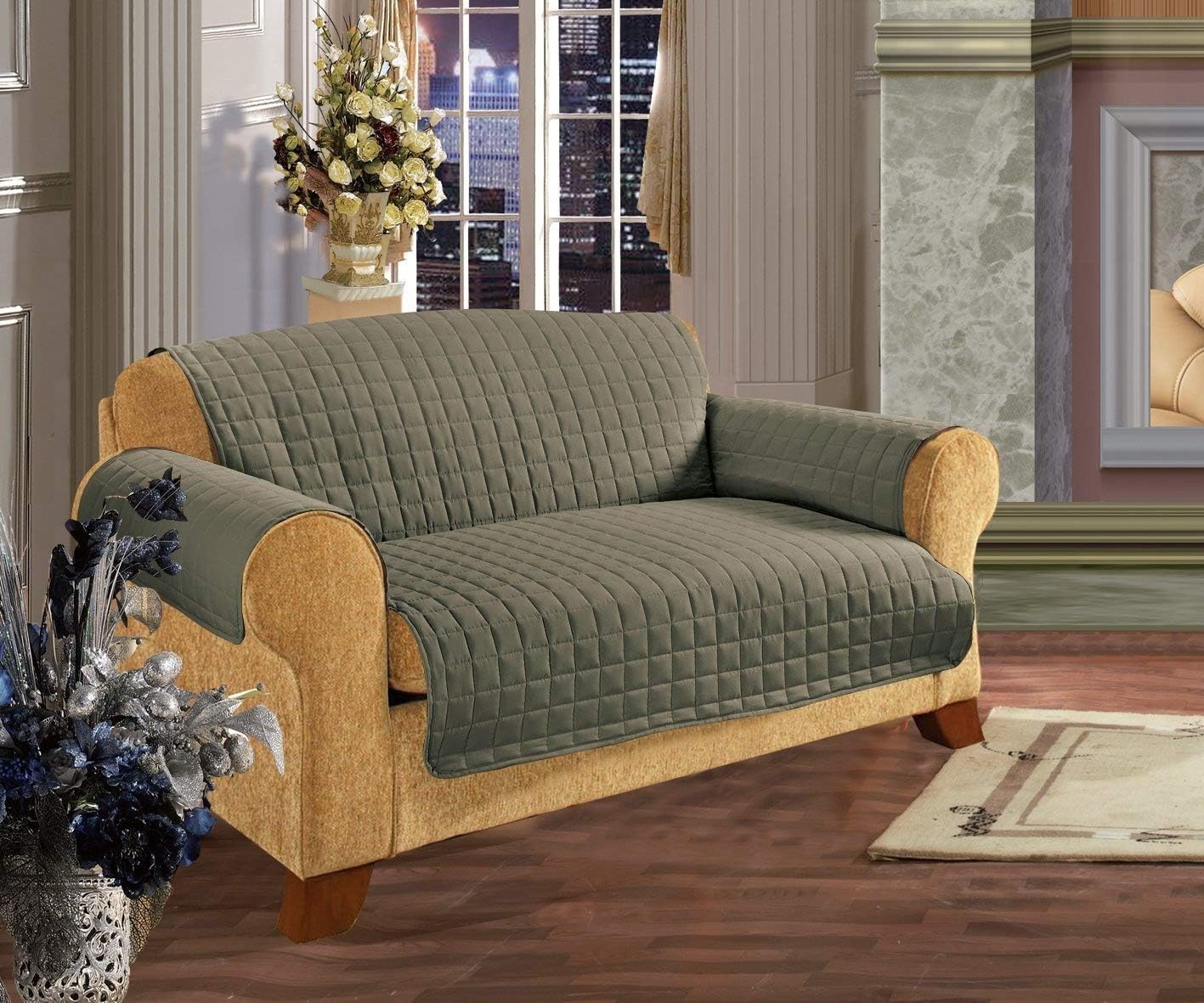 Elegance Linen Quilted Slip Cover Water-Absorbent Furniture Protector for Love Seat, Sage