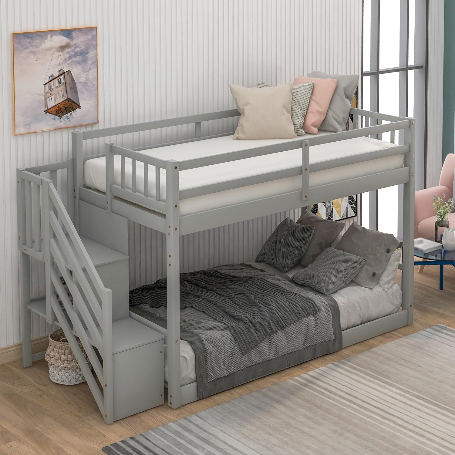 Twin Over Twin Floor Bunk Bed, Solid Pine Wood Bunk Bed Frame with Storage Staircase, Modern Twin Bed Frame with Safety Guardrails & Ladder with Handrails, Space Saving for Bedroom, Apartment, Grey