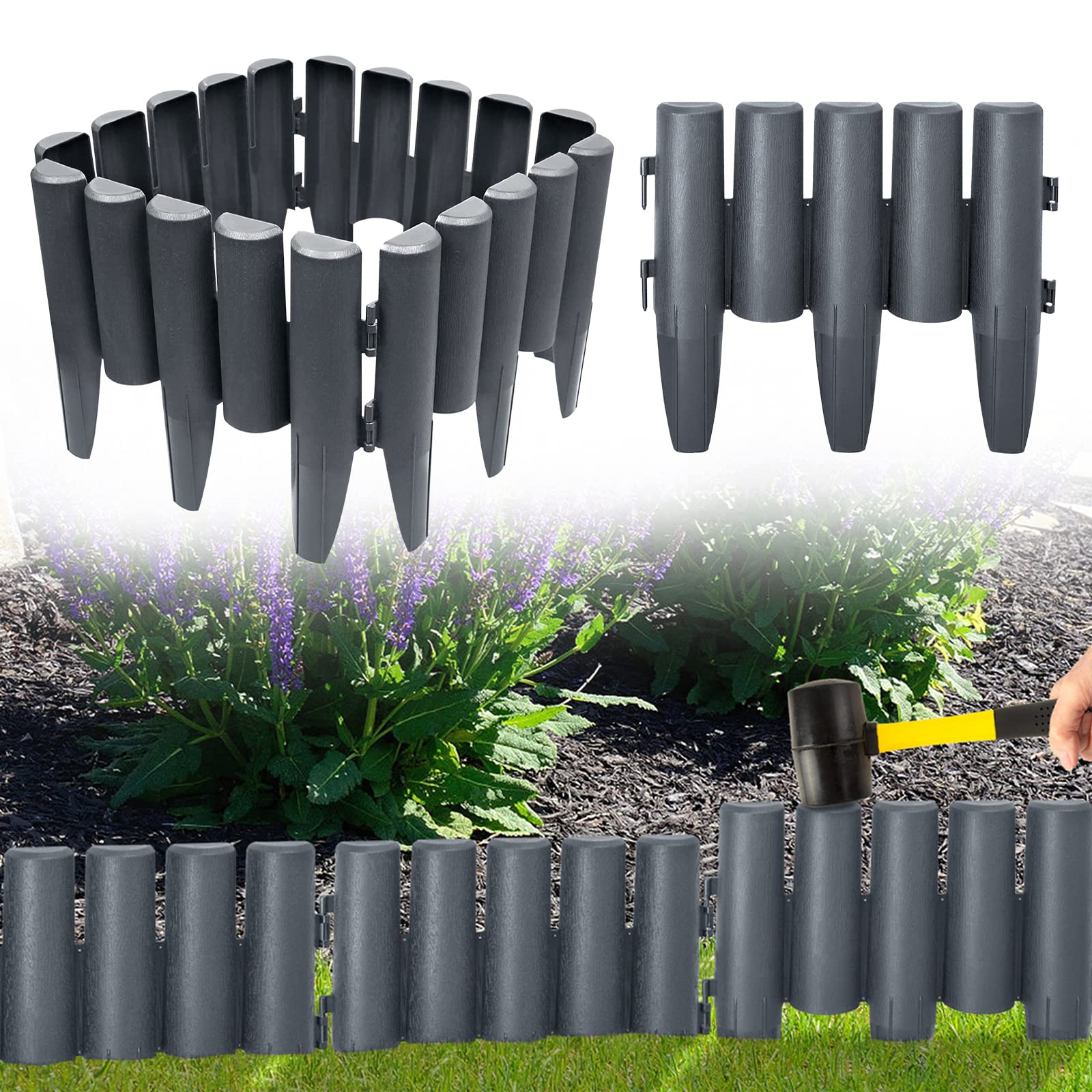 LZQ Bordo per prato, effetto legno palizzato, 1 elemento (LxH): 28,0 x 24,0 cm, palizzata da giardino, 11,2 m, antracite