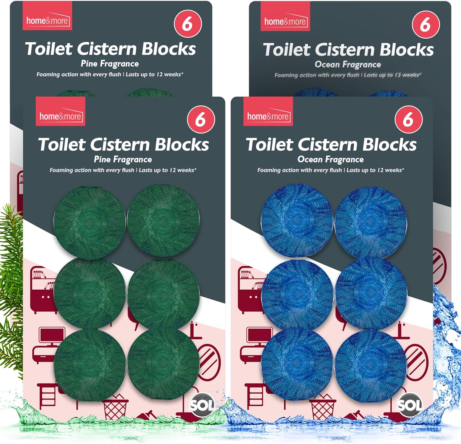 SOL 24pk Toilet Cistern Blocks Ocean & Pine Scent 50g,Toilet Fresheners