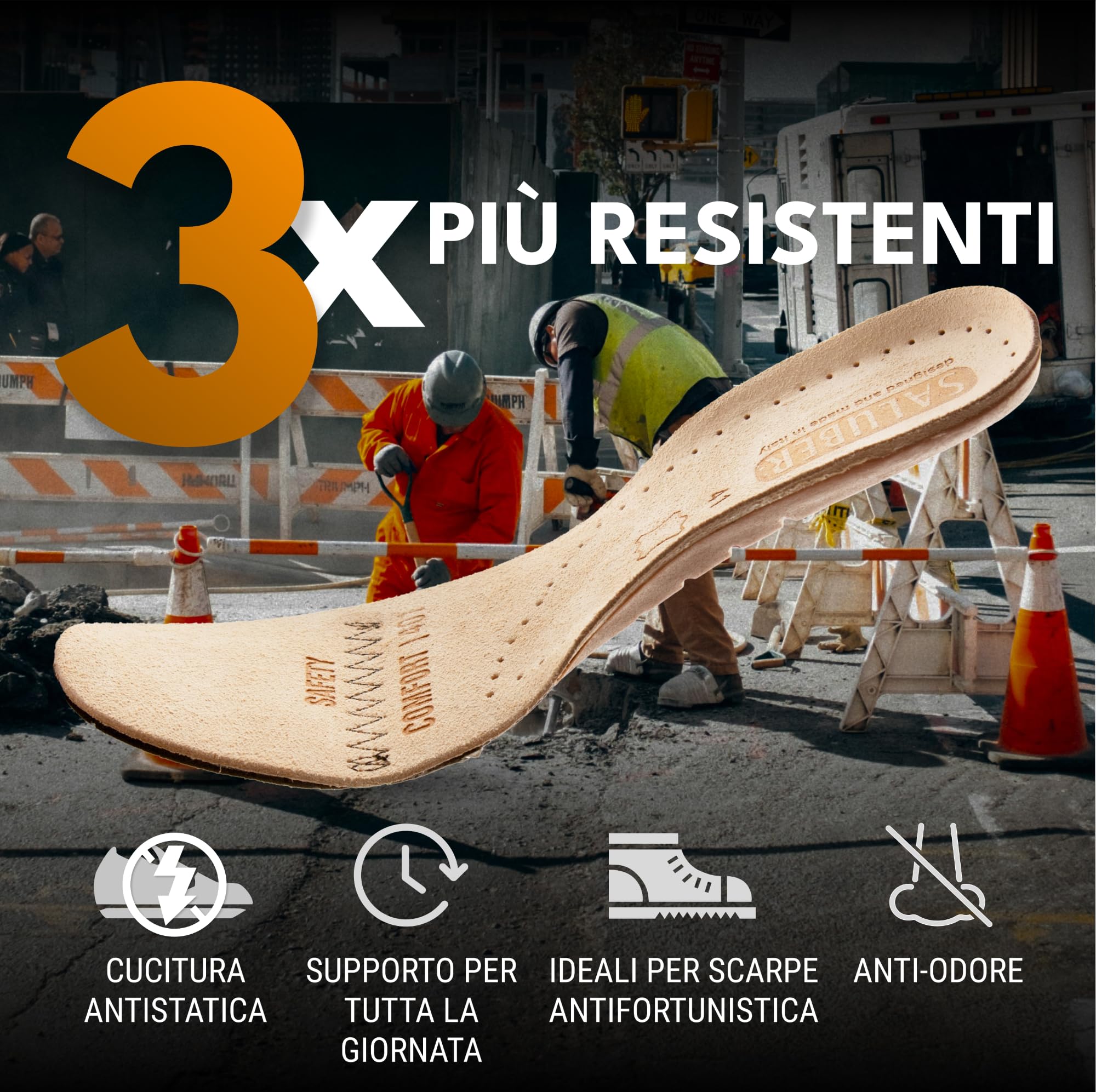 Saluber Solette Safety 401, Solette Scarpe Antinfortunistiche: Poron+ riduce l'affaticamento del piede, Carbone Attivo per Freschezza, Vero Cuoio per Comfort, con Cucitura Antistatica (44)