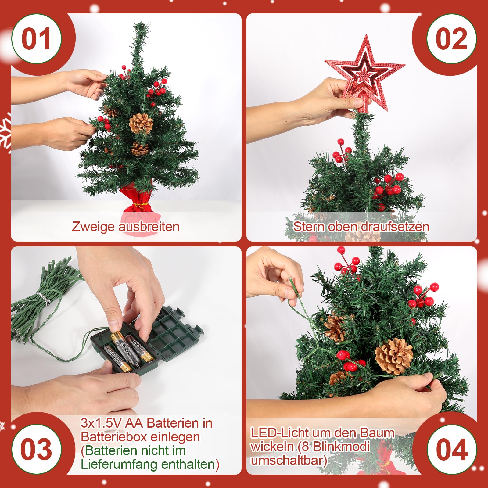 AGM 60 cm Tisch Weihnachtsbaum Klein mit 50 LEDs Lichterketten Deko 42 Rote Beeren 6 Tannenzapfen 24inch Künstlicher Christbäume für Weihnachts Dekoration, 1 fünfzackiger Stern Oben